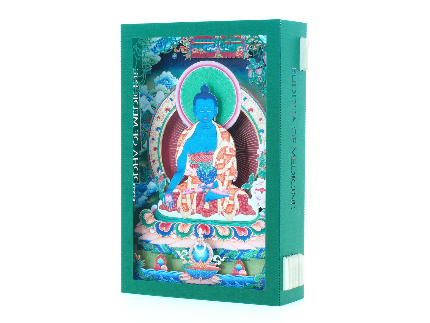 Buddha of Medicine. Paper pop up 3d shadow box card. Icon miniature folded. Yoga, teacher, meditation.