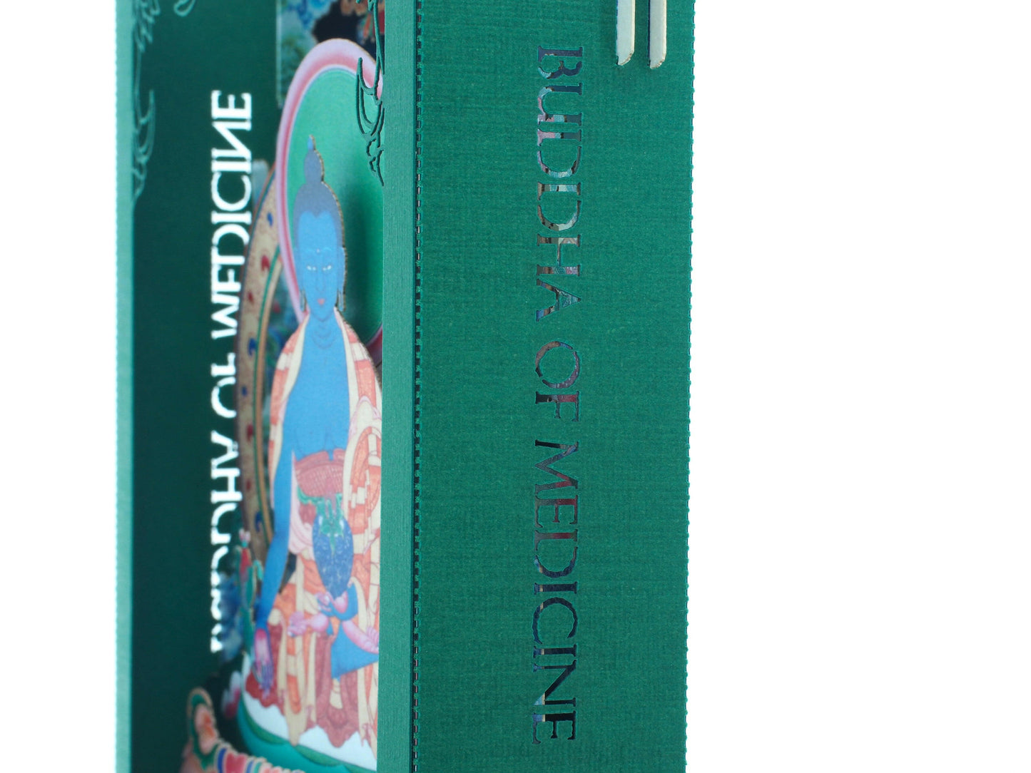 Buddha of Medicine. Paper pop up 3d shadow box card. Icon miniature folded. Yoga, teacher, meditation.