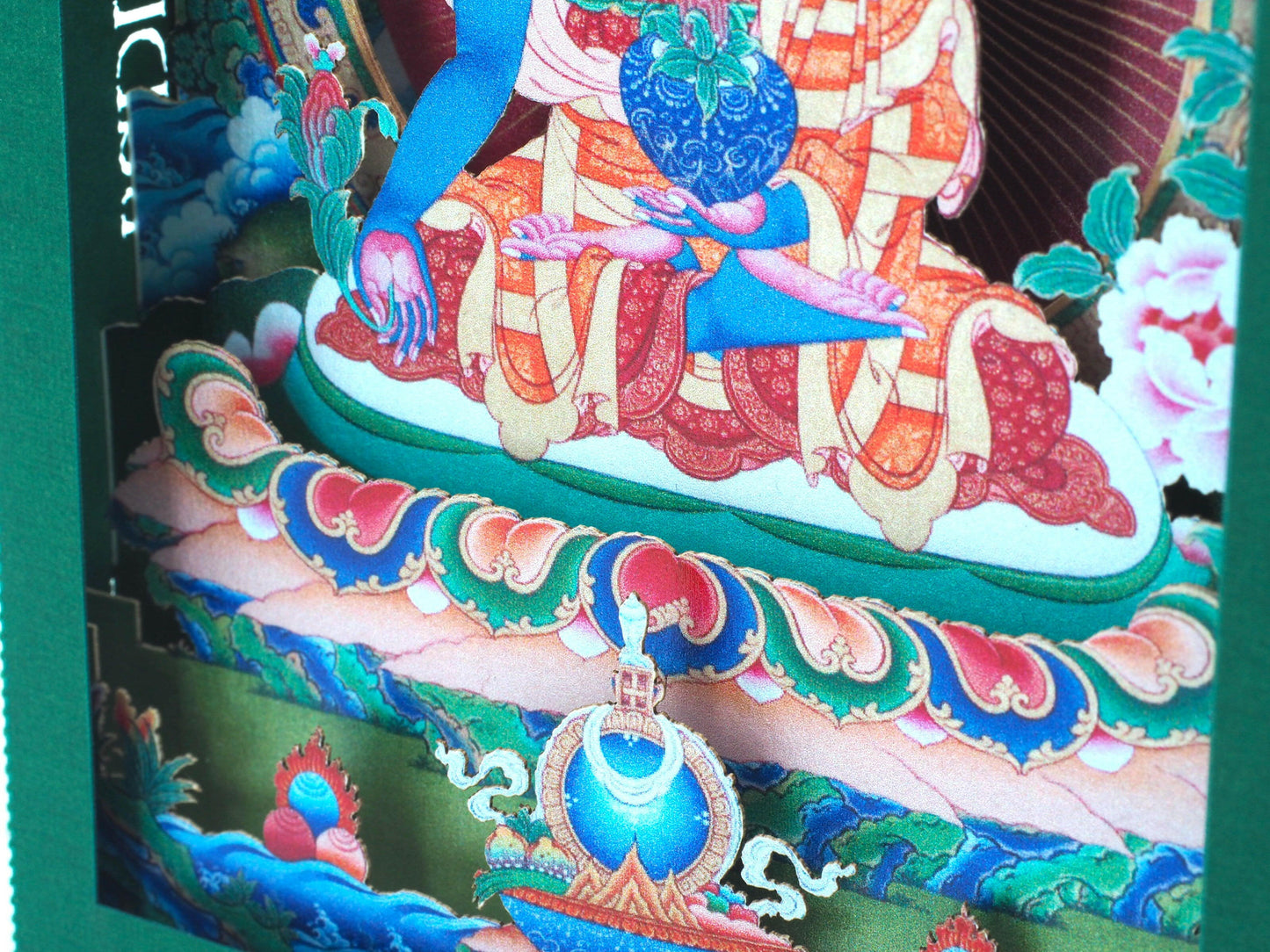 Buddha of Medicine. Paper pop up 3d shadow box card. Icon miniature folded. Yoga, teacher, meditation.
