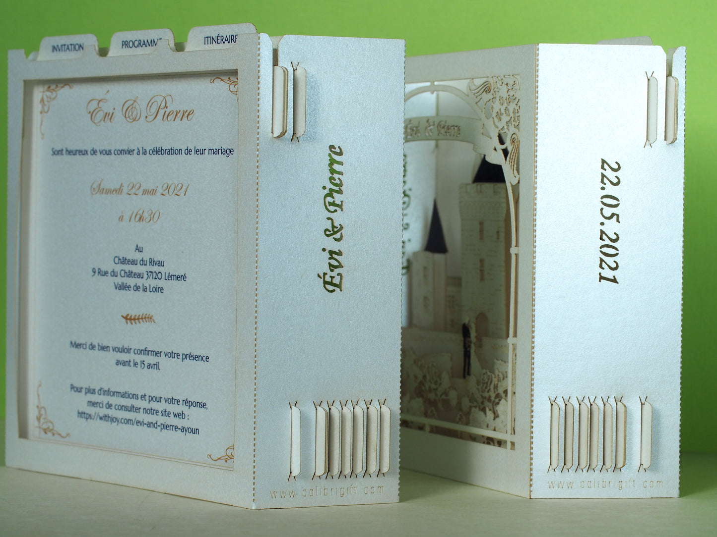Château du Rivau castle-palace in Lémeré France. Wedding invitation card, RSVP inserts. Paper pop up cards