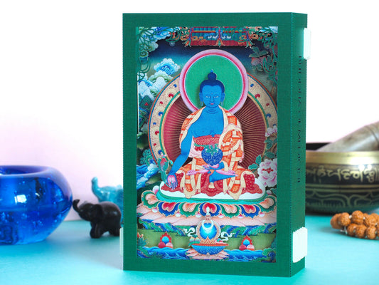 Buddha of Medicine. Paper pop up 3d shadow box card. Icon miniature folded. Yoga, teacher, meditation