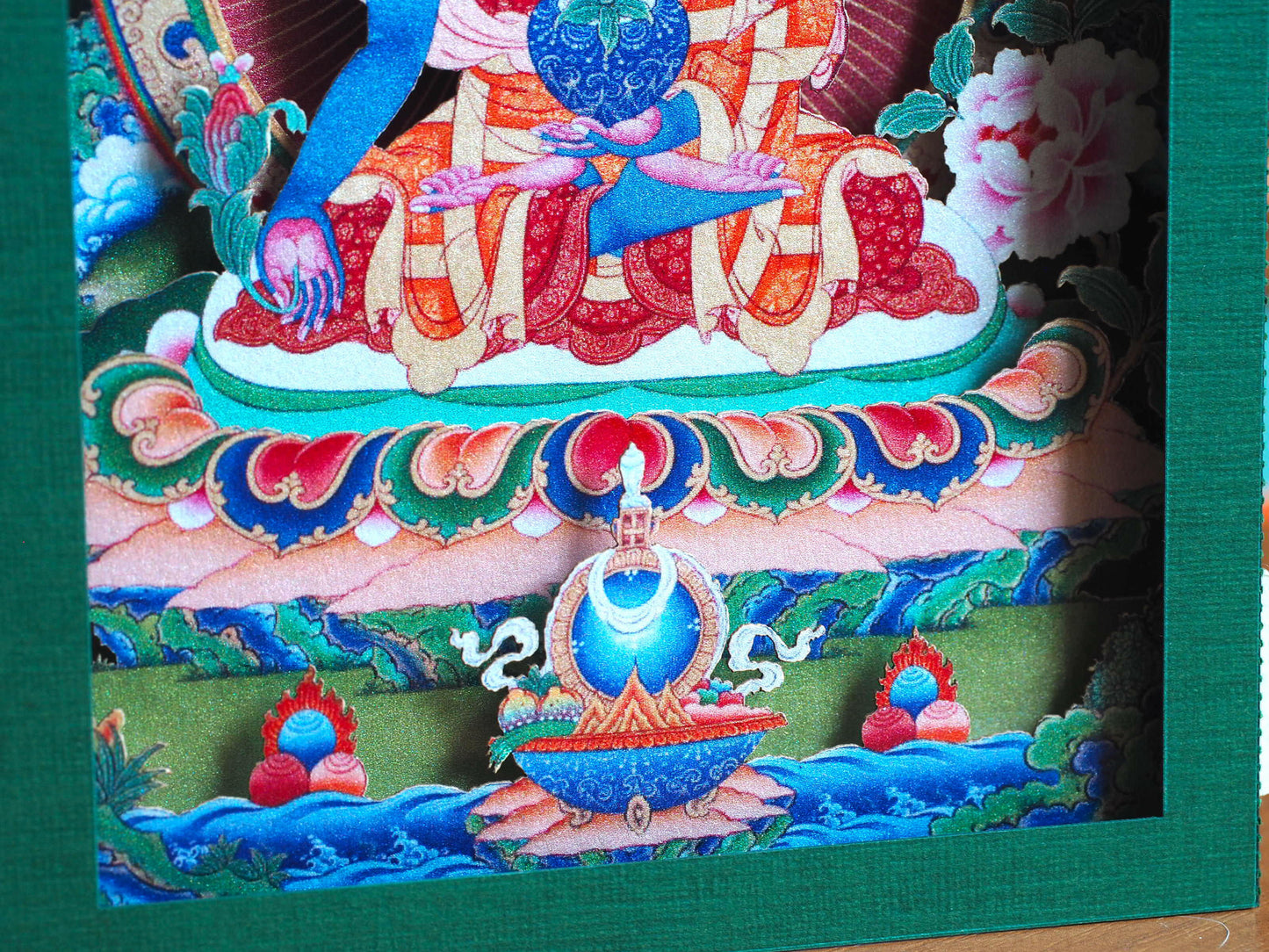 Buddha of Medicine. Paper pop up 3d shadow box card. Icon miniature folded. Yoga, teacher, meditation.