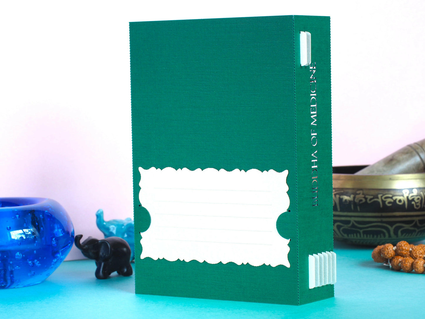 Buddha of Medicine. Paper pop up 3d shadow box card. Icon miniature folded. Yoga, teacher, meditation
