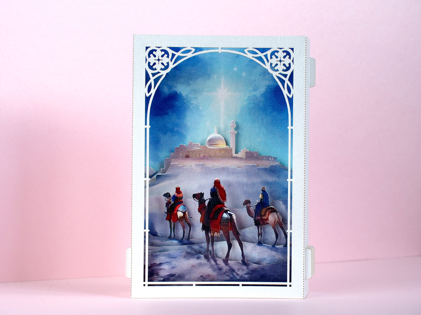 Jesus Birth. Holy Night Star, Epiphany. The Nativity Scene of Jesus Birth pop up paper box card. Three Kings, Magi, Gifts. Camels