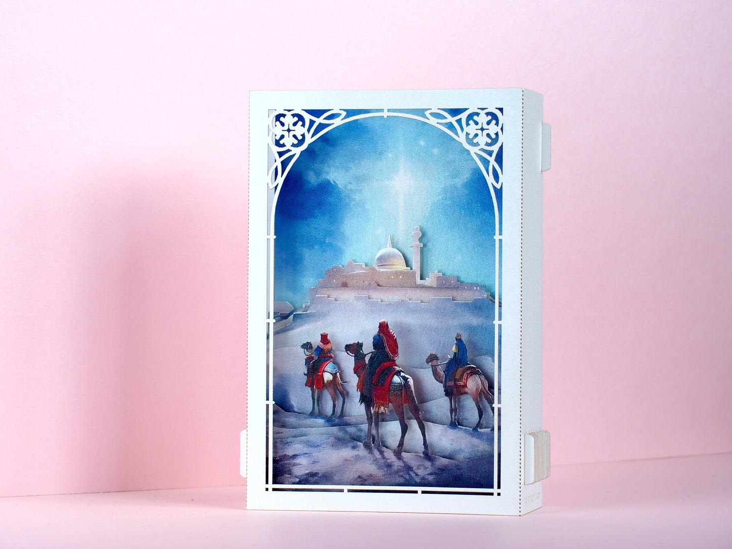 Jesus Birth. Holy Night Star, Epiphany. The Nativity Scene of Jesus Birth pop up paper box card. Three Kings, Magi, Gifts. Camels