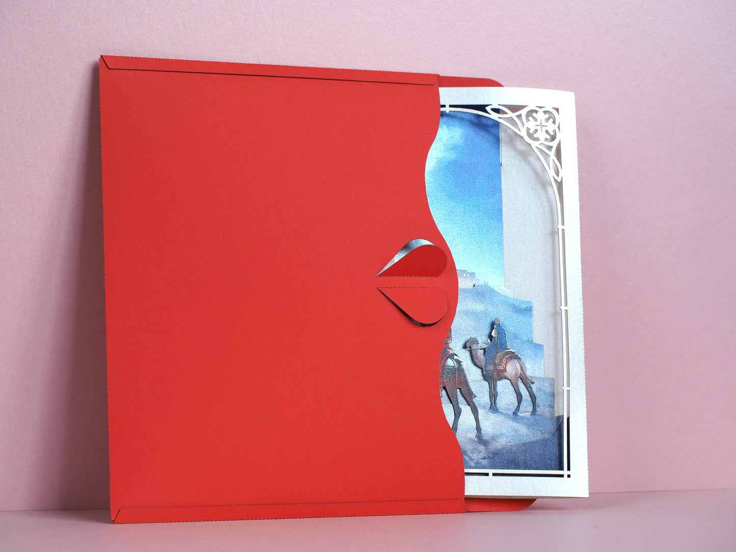 Jesus Birth. Holy Night Star, Epiphany. The Nativity Scene of Jesus Birth pop up paper box card. Three Kings, Magi, Gifts. Camels