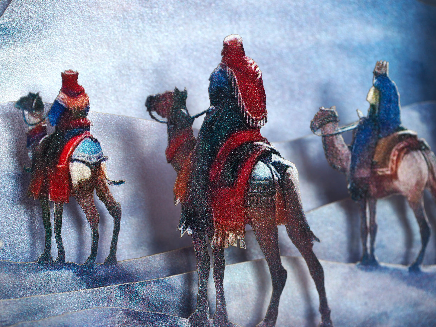 Jesus Birth. Holy Night Star, Epiphany. The Nativity Scene of Jesus Birth pop up paper box card. Three Kings, Magi, Gifts. Camels