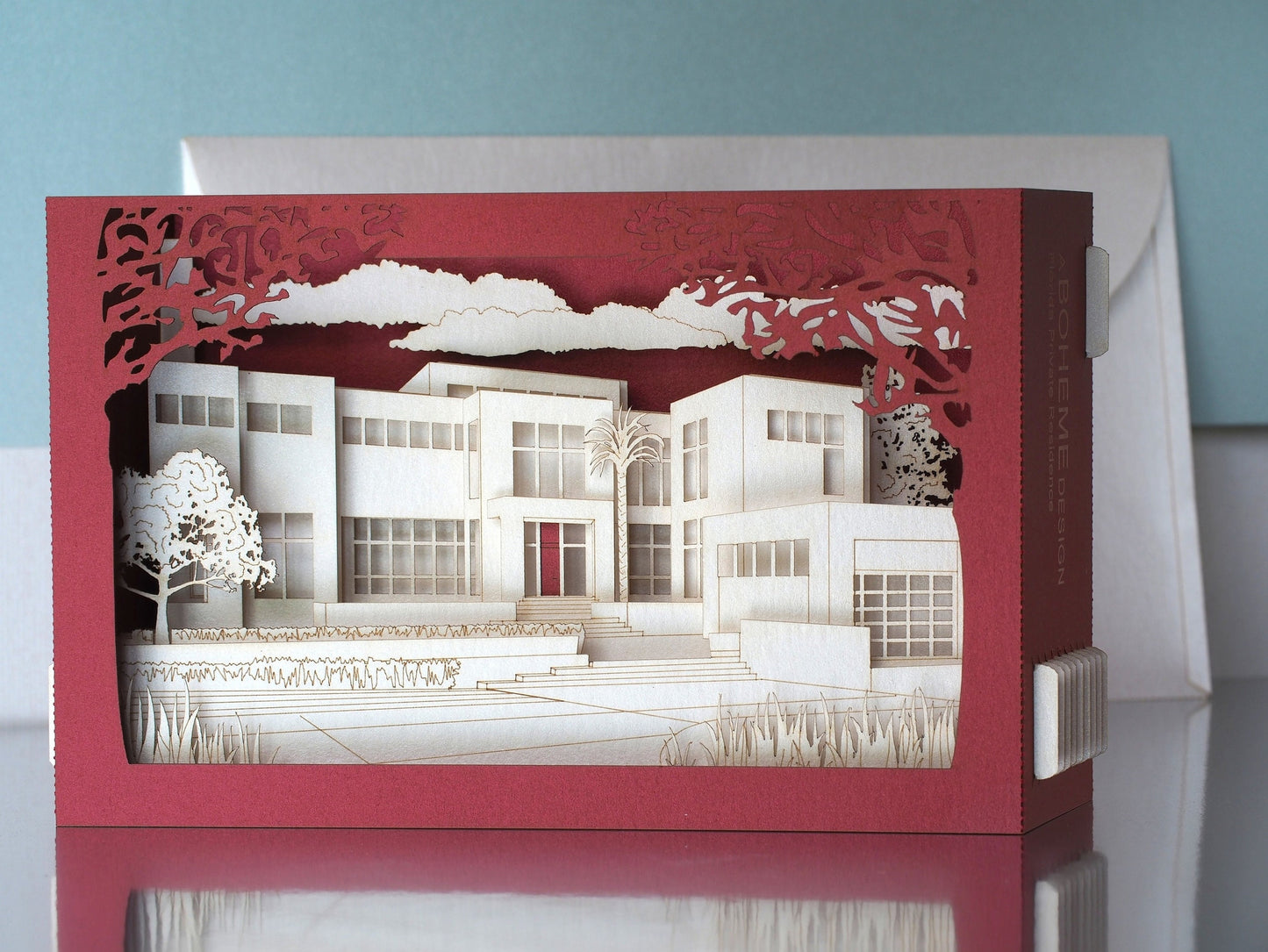 House architecture paper model miniature. Gift company customers. Thank you cards. Pop up card. Custom design. Villa Logo private residence