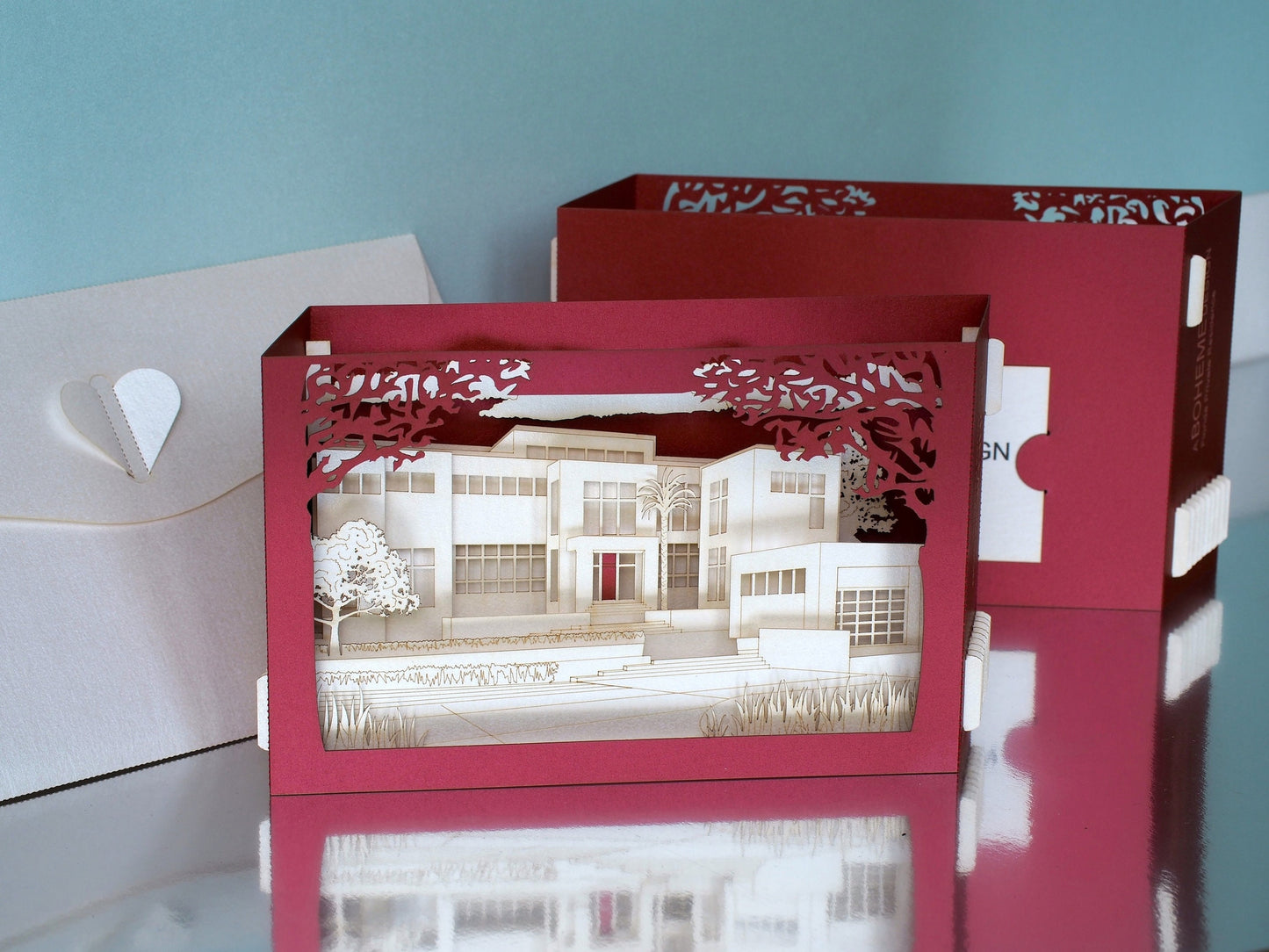 House architecture paper model miniature. Gift company customers. Thank you cards. Pop up card. Custom design. Villa Logo private residence