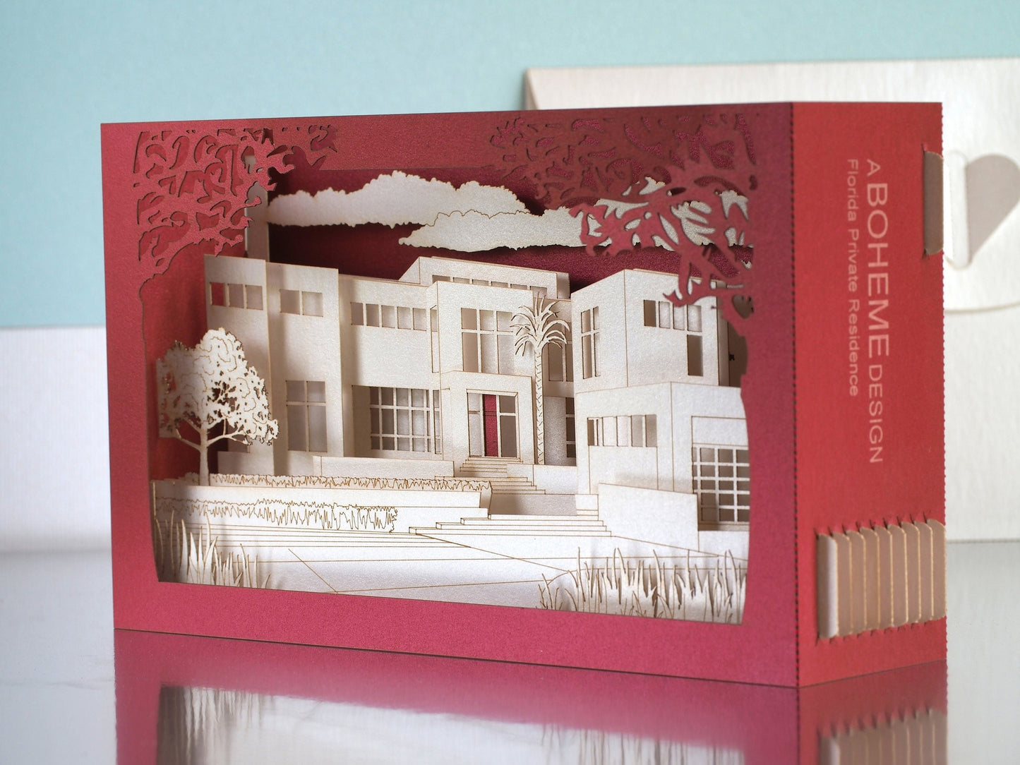House architecture paper model miniature. Gift company customers. Thank you cards. Pop up card. Custom design. Villa Logo private residence
