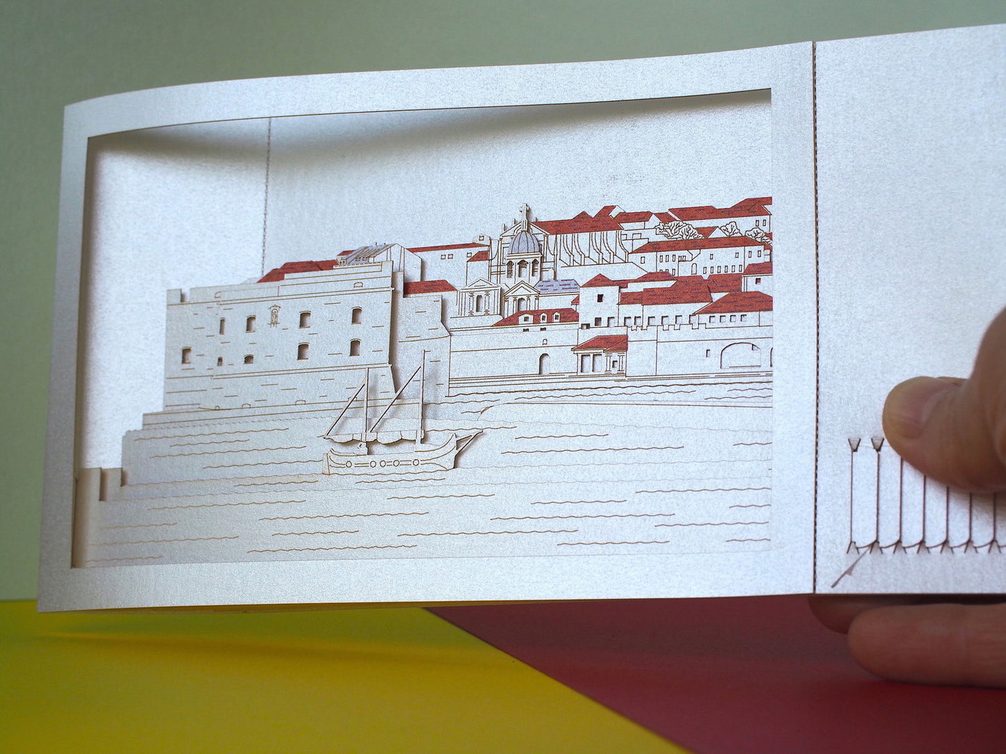 Croatia Dubrovnik Adriatic sea pop up card. Paper art gifts. Artwork miniature craft handmade. Boat, houses, architecture. Mediterranean Sea