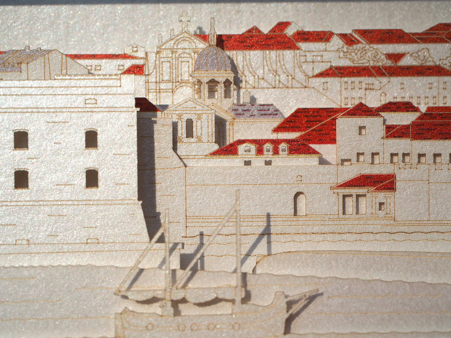 Croatia Dubrovnik Adriatic sea pop up card. Paper art gifts. Artwork miniature craft handmade. Boat, houses, architecture. Mediterranean Sea