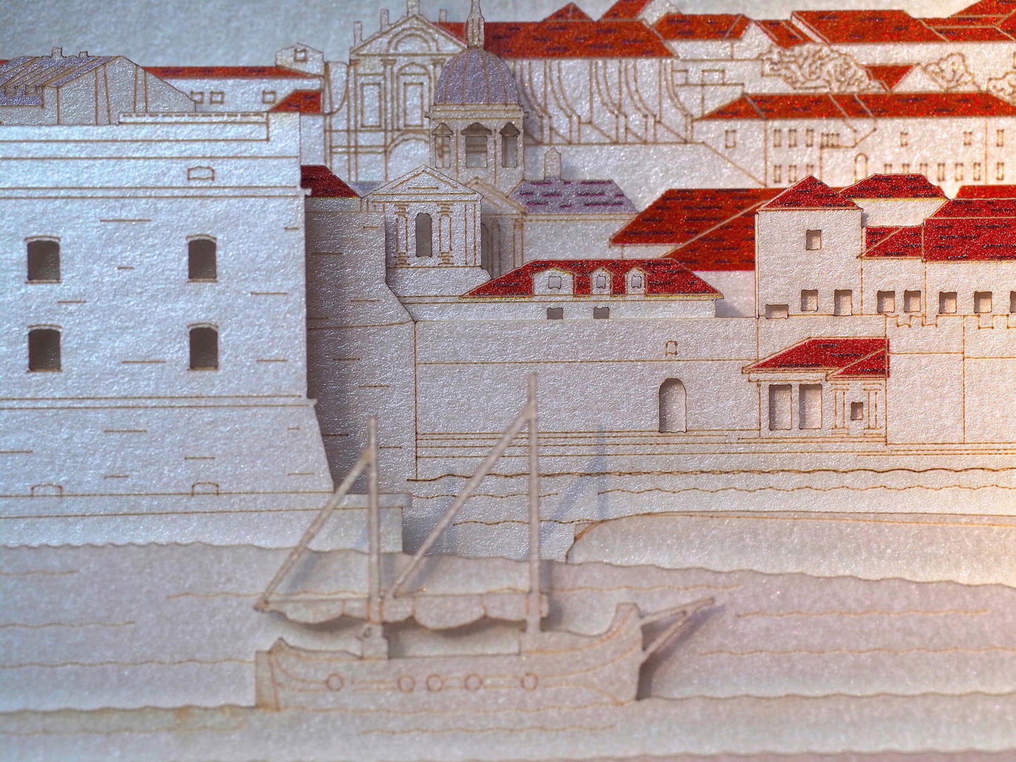 Croatia Dubrovnik Adriatic sea pop up card. Paper art gifts. Artwork miniature craft handmade. Boat, houses, architecture. Mediterranean Sea