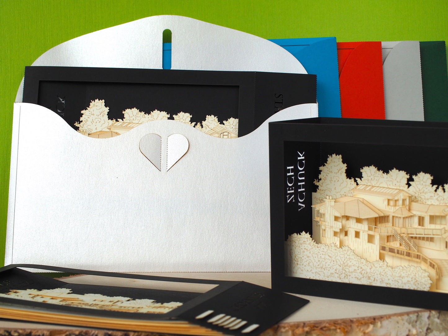 Paper house miniature architecture. Realtor promo gift to clients, customers. Pop up scale model. Promotion event card with Logo agency