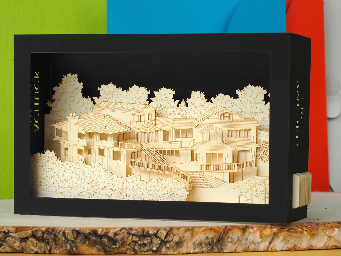 Paper house miniature architecture. Realtor promo gift to clients, customers. Pop up scale model. Promotion event card with Logo agency