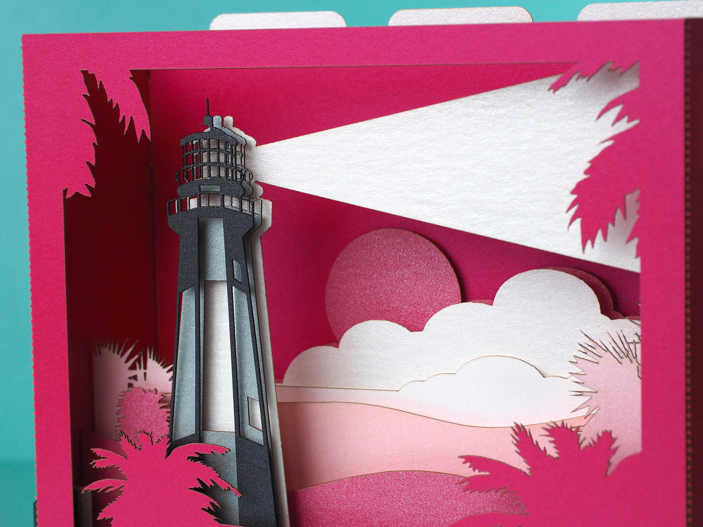 Tybee Island Chatham County, Georgia United States. Paper pop up miniature art model. Card, craft laser cut art-work. Lighthouse, sunrise