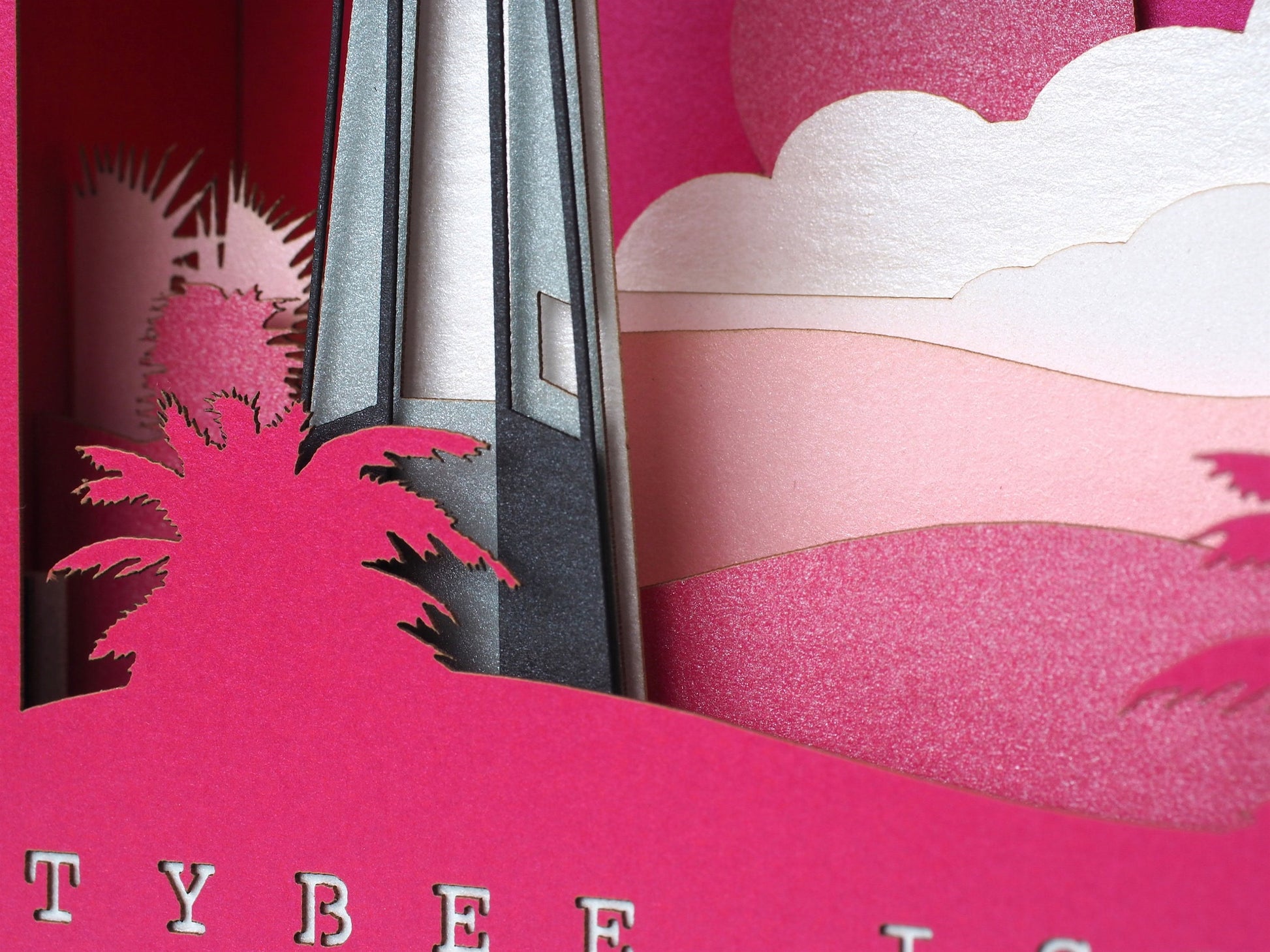 Tybee Island Chatham County, Georgia United States. Paper pop up miniature art model. Card, craft laser cut art-work. Lighthouse, sunrise
