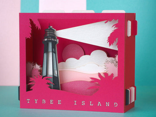 Tybee Island Chatham County, Georgia United States. Paper pop up miniature art model. Card, craft laser cut art-work. Lighthouse, sunrise