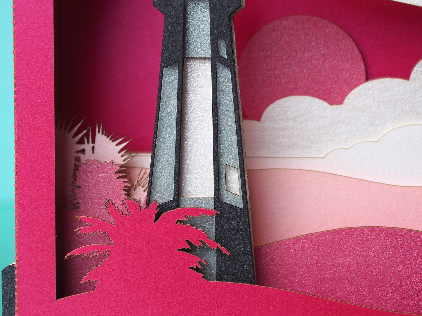 Tybee Island Chatham County, Georgia United States. Paper pop up miniature art model. Card, craft laser cut art-work. Lighthouse, sunrise