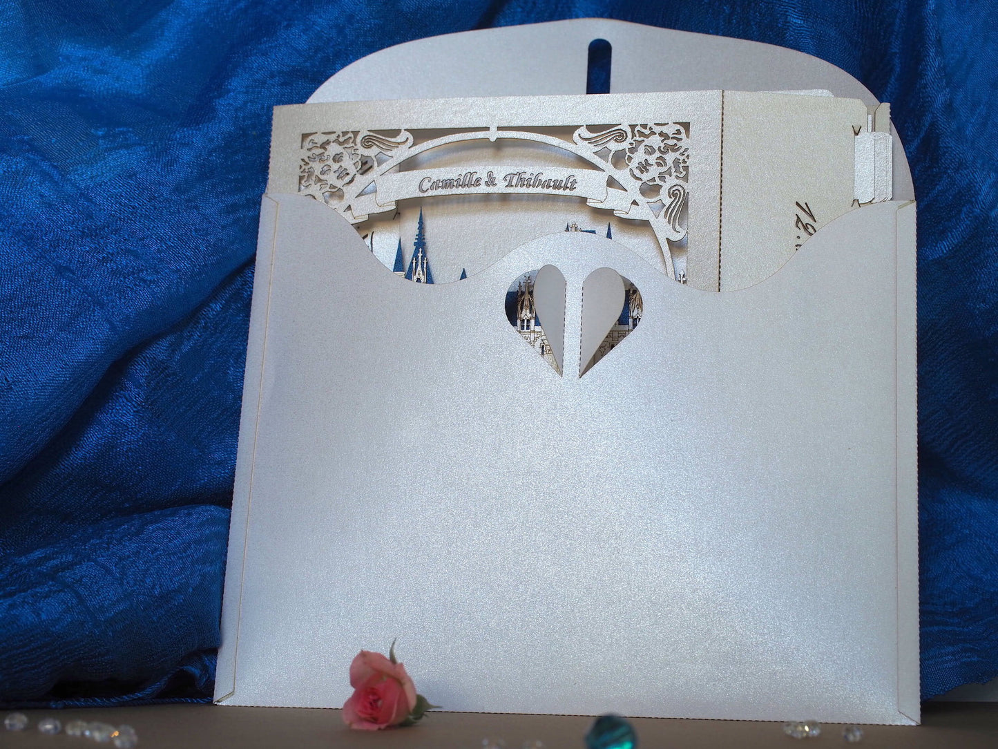 Wedding invitation. Paper pop up invite card. Castle Chateau de Challain France. RSVP inserts. Couple, fountain, arch, roses. Gift envelope