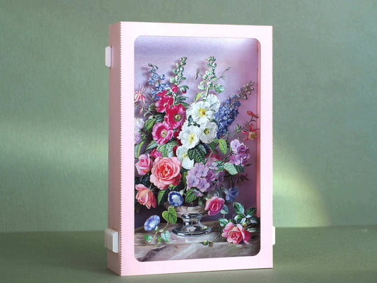 Flowers bouquet paper pop up miniature. Her, women, mother. Roses, mallow, hydrangea, delphinium. Vase, rose. Birthday card. Love flower 3d