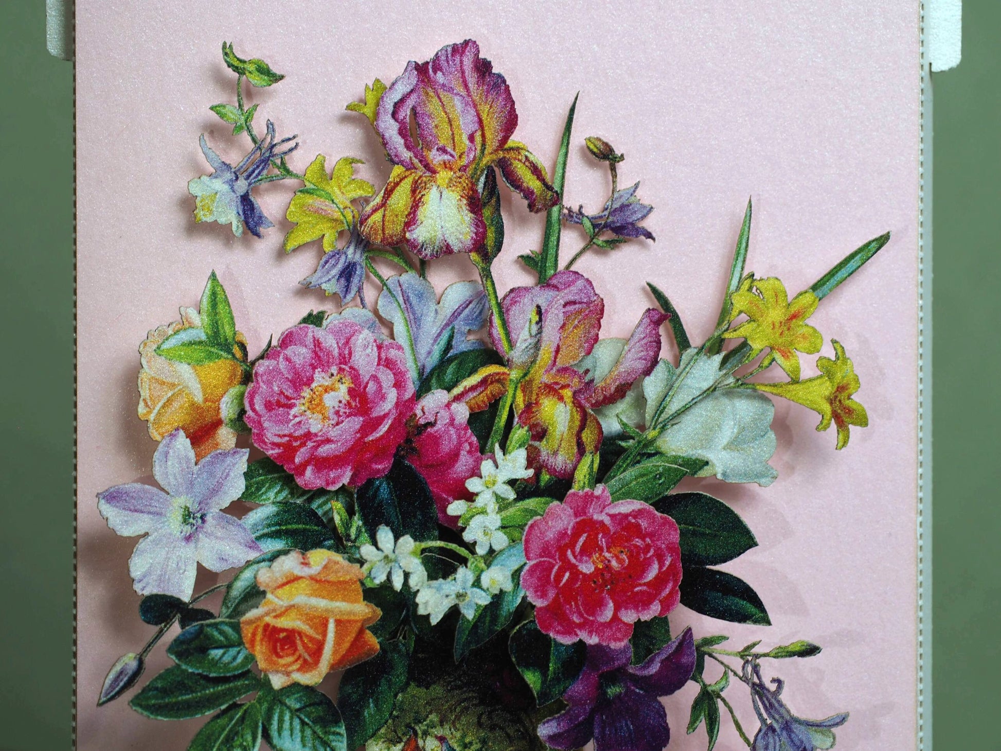 Birthday flowers bouquet miniature. Paper pop up. Roses, iris, aquilegia, clematis, vase, rose. Love, romantic gift, card. Mother, wife, her