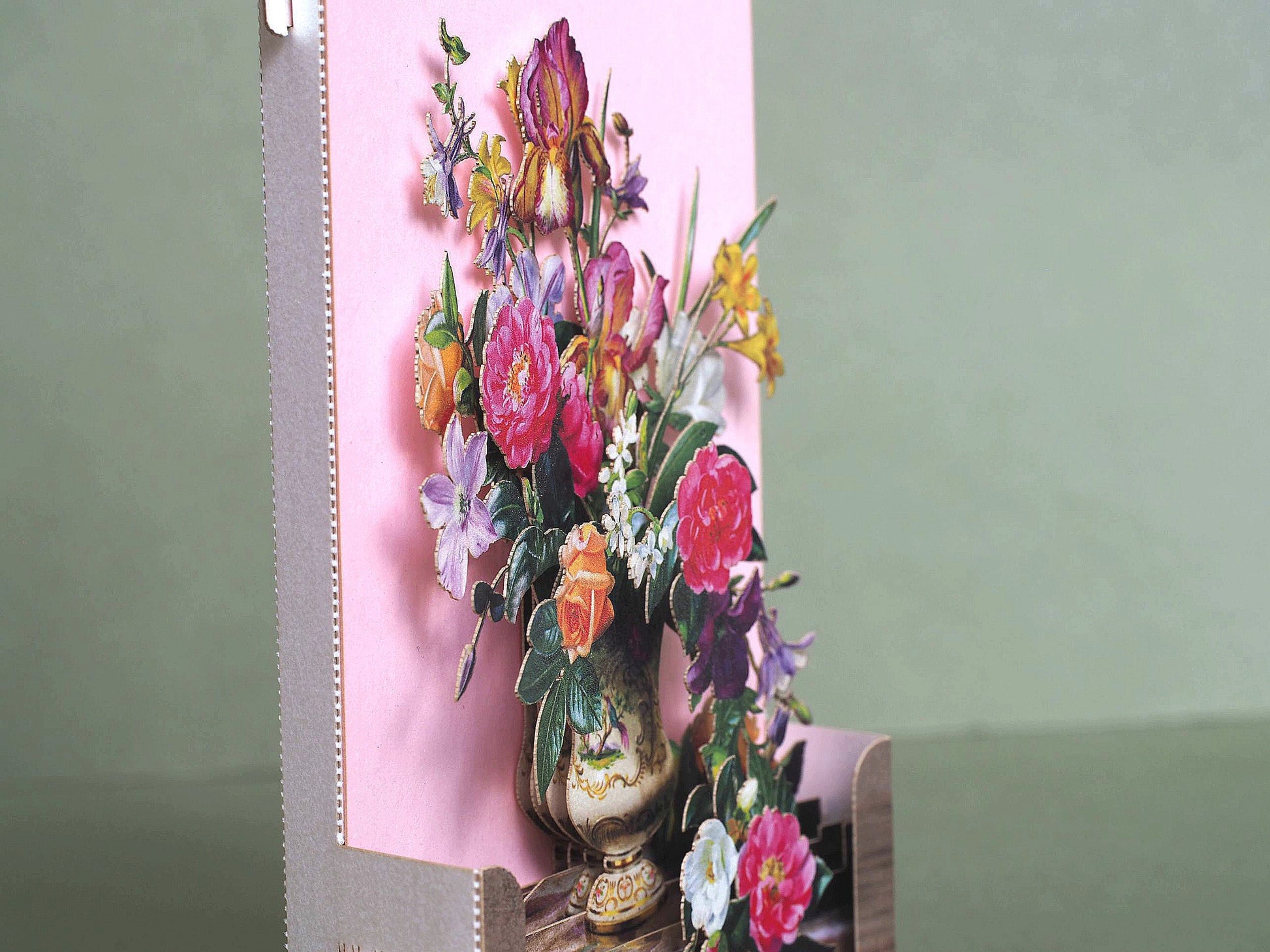 Birthday flowers bouquet miniature. Paper pop up. Roses, iris, aquilegia, clematis, vase, rose. Love, romantic gift, card. Mother, wife, her