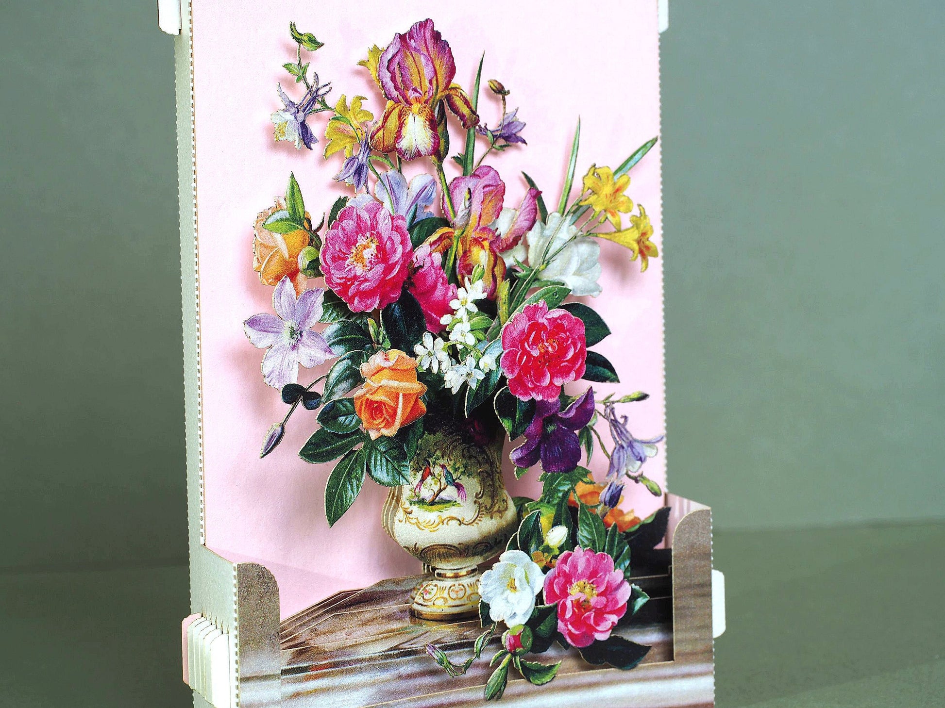 Birthday flowers bouquet miniature. Paper pop up. Roses, iris, aquilegia, clematis, vase, rose. Love, romantic gift, card. Mother, wife, her