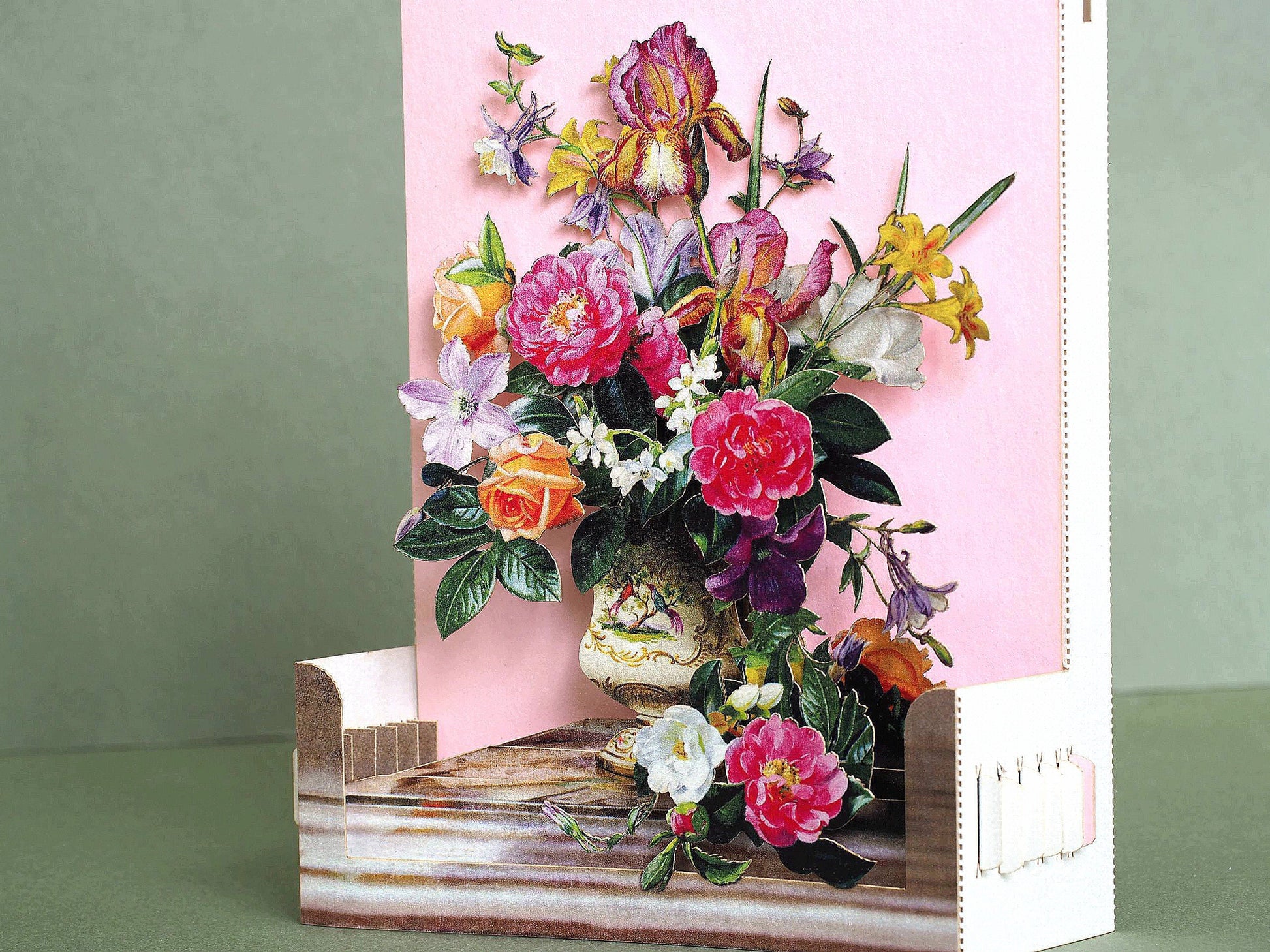 Birthday flowers bouquet miniature. Paper pop up. Roses, iris, aquilegia, clematis, vase, rose. Love, romantic gift, card. Mother, wife, her