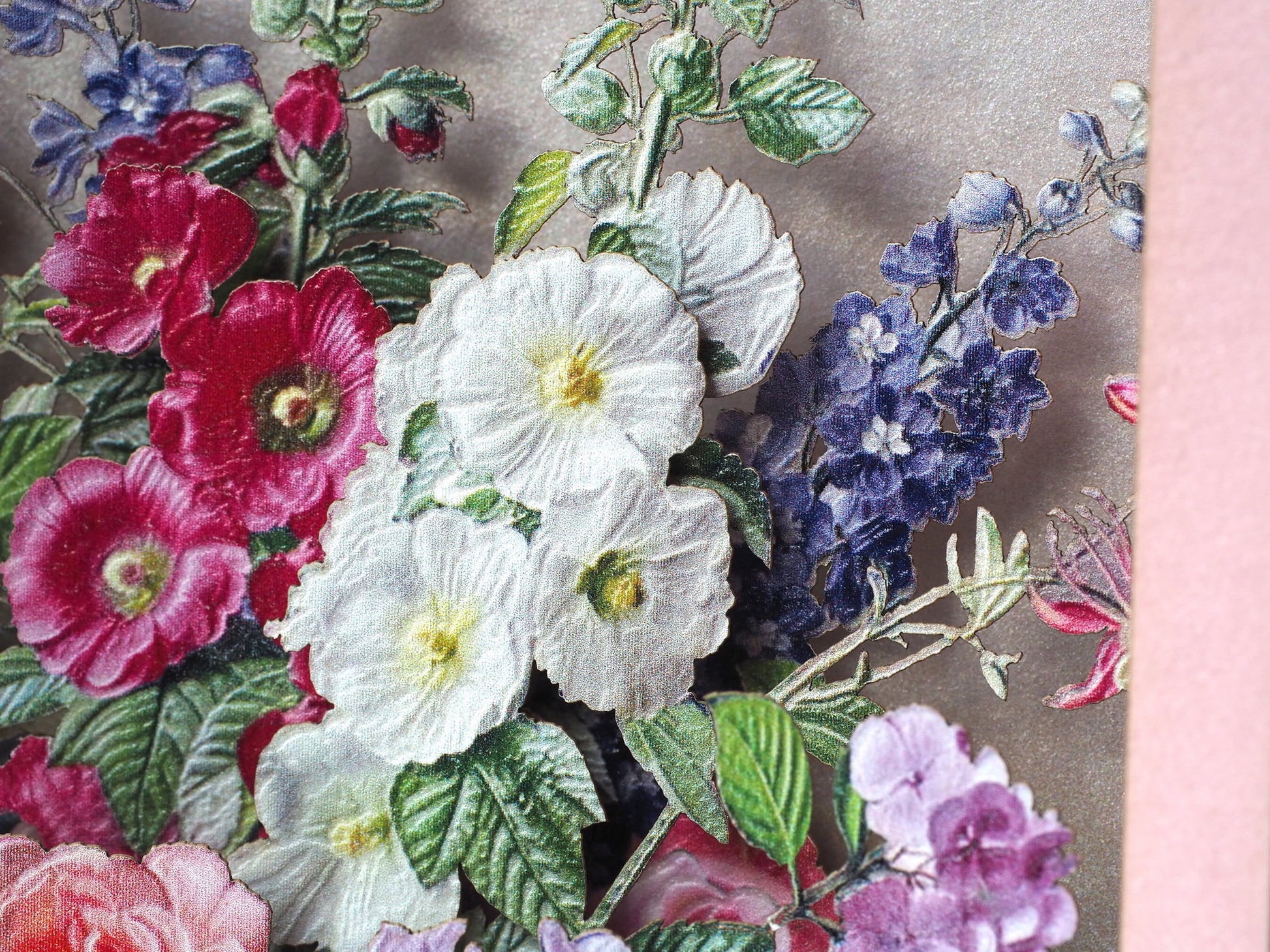 Flowers bouquet paper pop up miniature. Her, women, mother. Roses, mallow, hydrangea, delphinium. Vase, rose. Birthday card. Love flower 3d