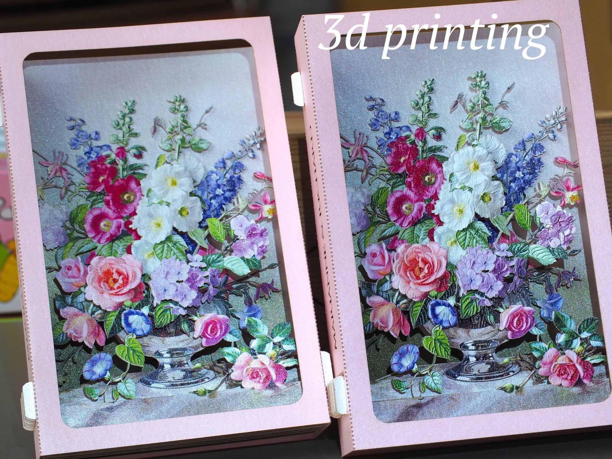 Flowers bouquet paper pop up miniature. Her, women, mother. Roses, mallow, hydrangea, delphinium. Vase, rose. Birthday card. Love flower 3d