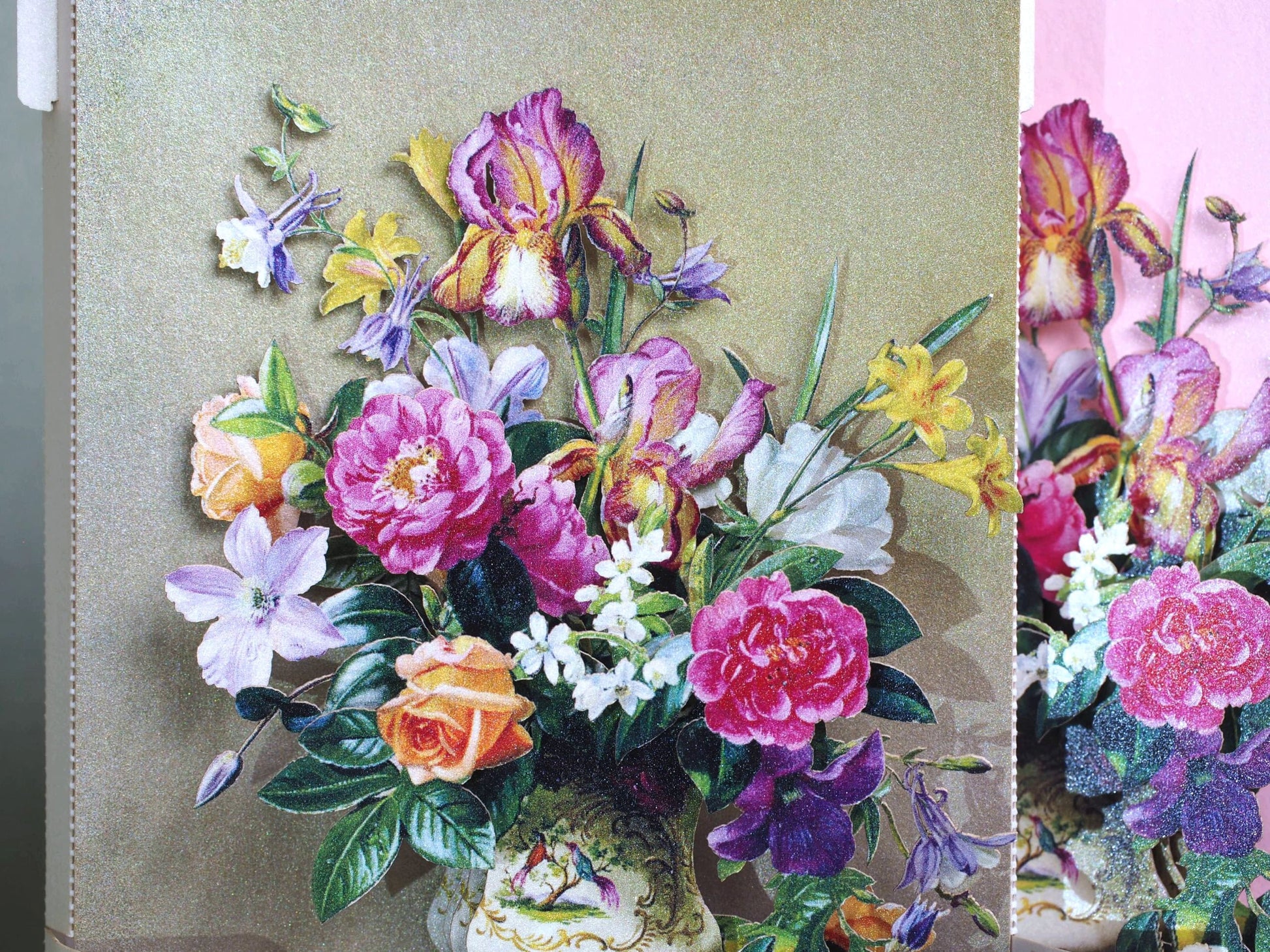 Birthday flowers bouquet miniature. Paper pop up. Roses, iris, aquilegia, clematis, vase, rose. Love, romantic gift, card. Mother, wife, her