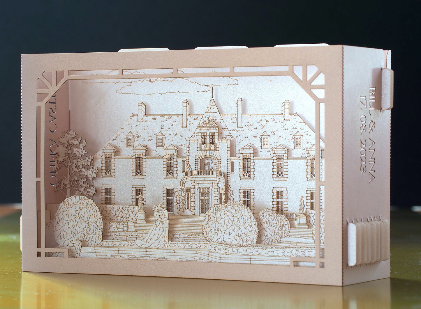 Oheka Castle wedding invitations. Marriage venue. USA weddings. Pop up paper miniature Palace. Laser cut 3d box with RSVP. Huntington, NY