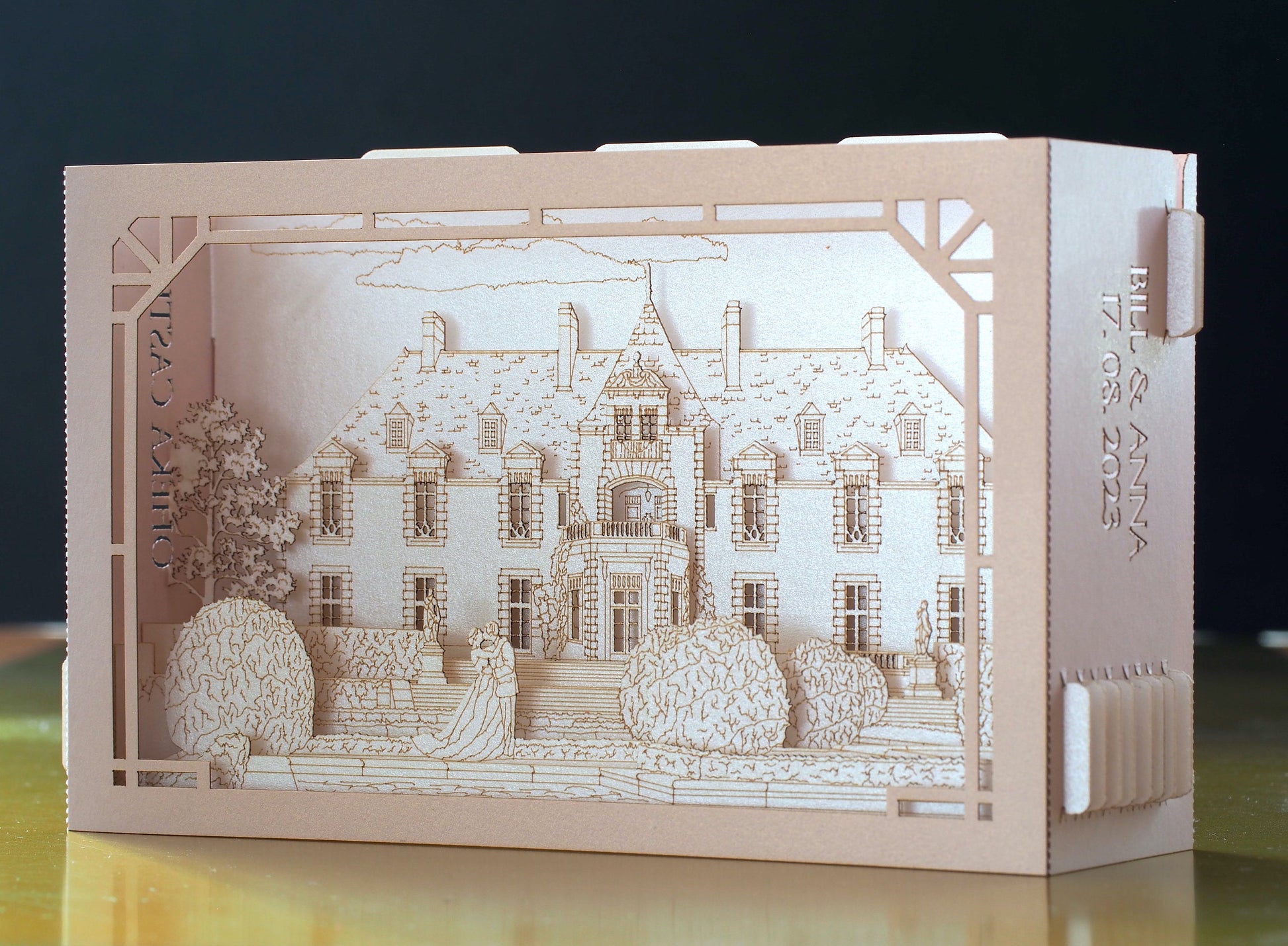 Oheka Castle wedding invitations. Marriage venue. USA weddings. Pop up paper miniature Palace. Laser cut 3d box with RSVP. Huntington, NY