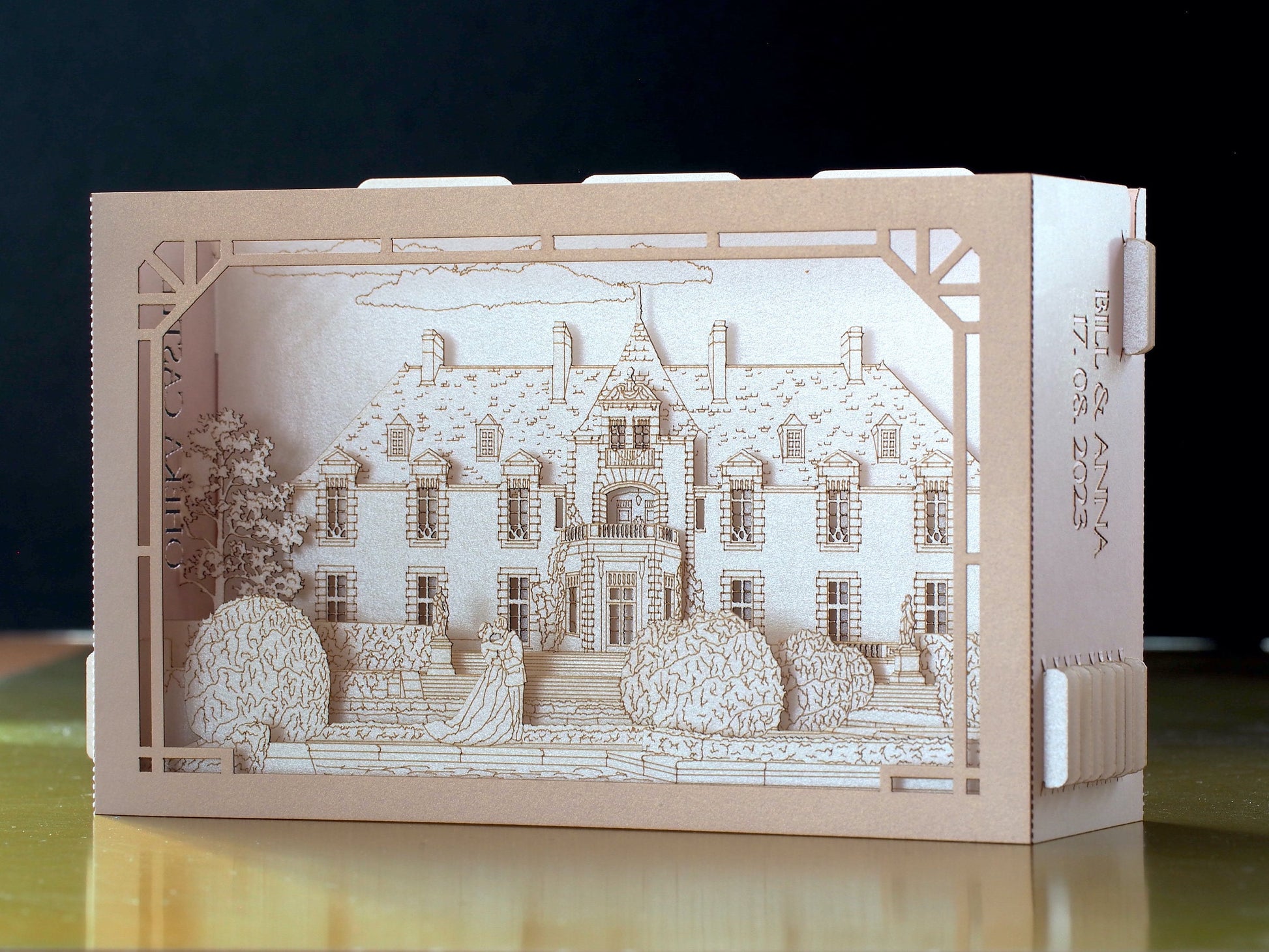 Oheka Castle wedding invitations. Marriage venue. USA weddings. Pop up paper miniature Palace. Laser cut 3d box with RSVP. Huntington, NY