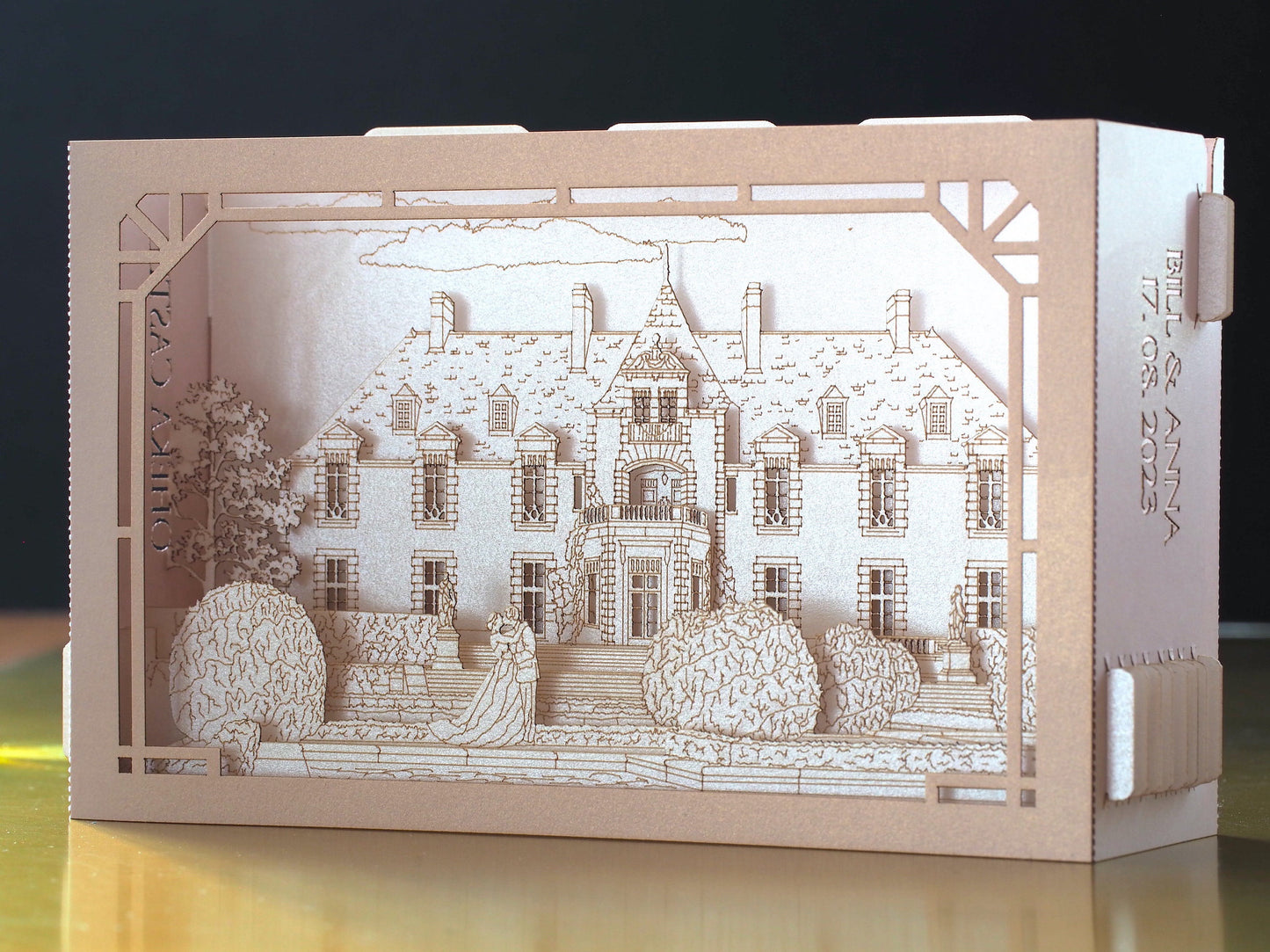 Oheka Castle wedding invitations. Marriage venue. USA weddings. Pop up paper miniature Palace. Laser cut 3d box with RSVP. Huntington, NY