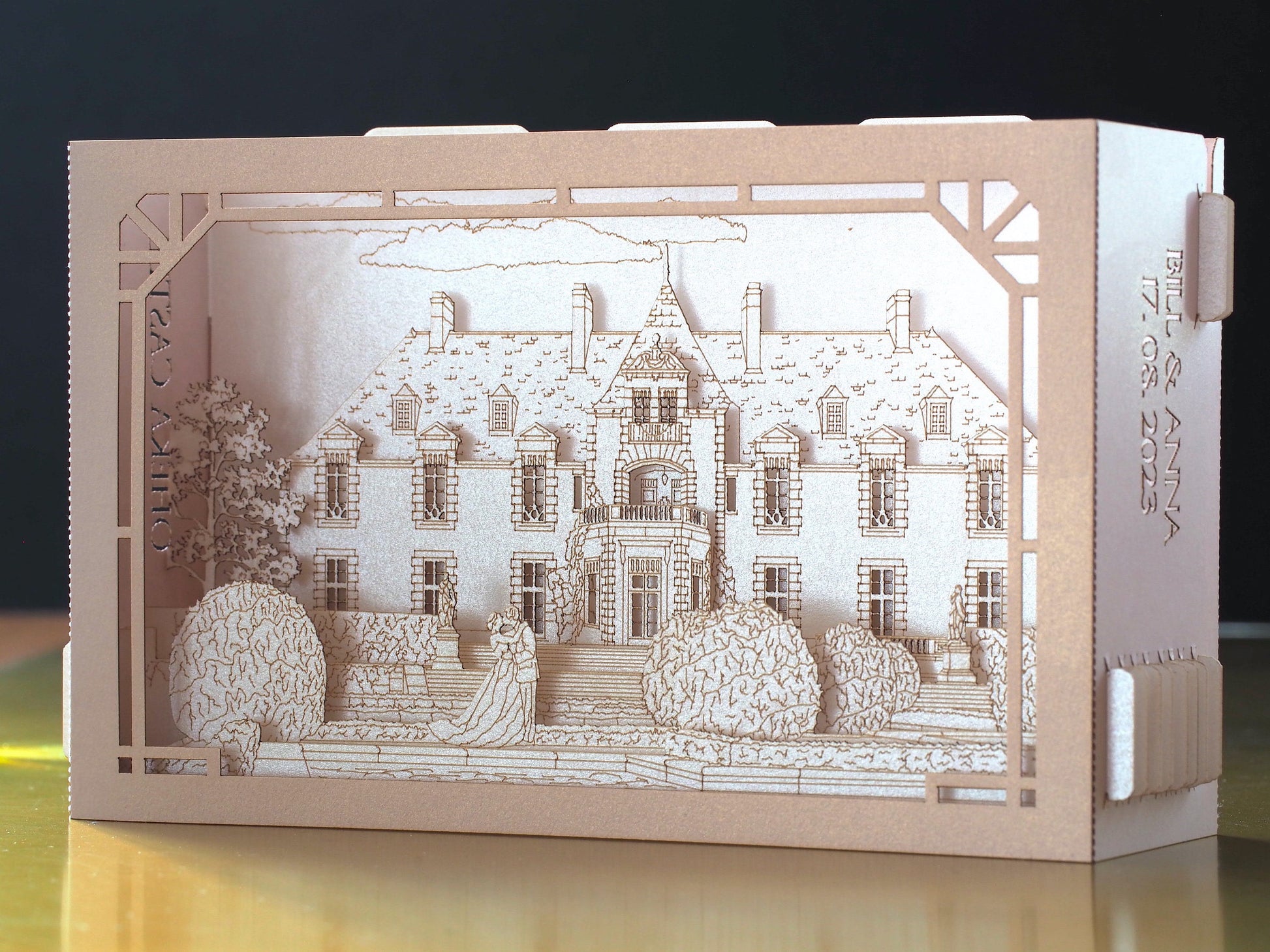 Oheka Castle wedding invitations. Marriage venue. USA weddings. Pop up paper miniature Palace. Laser cut 3d box with RSVP. Huntington, NY