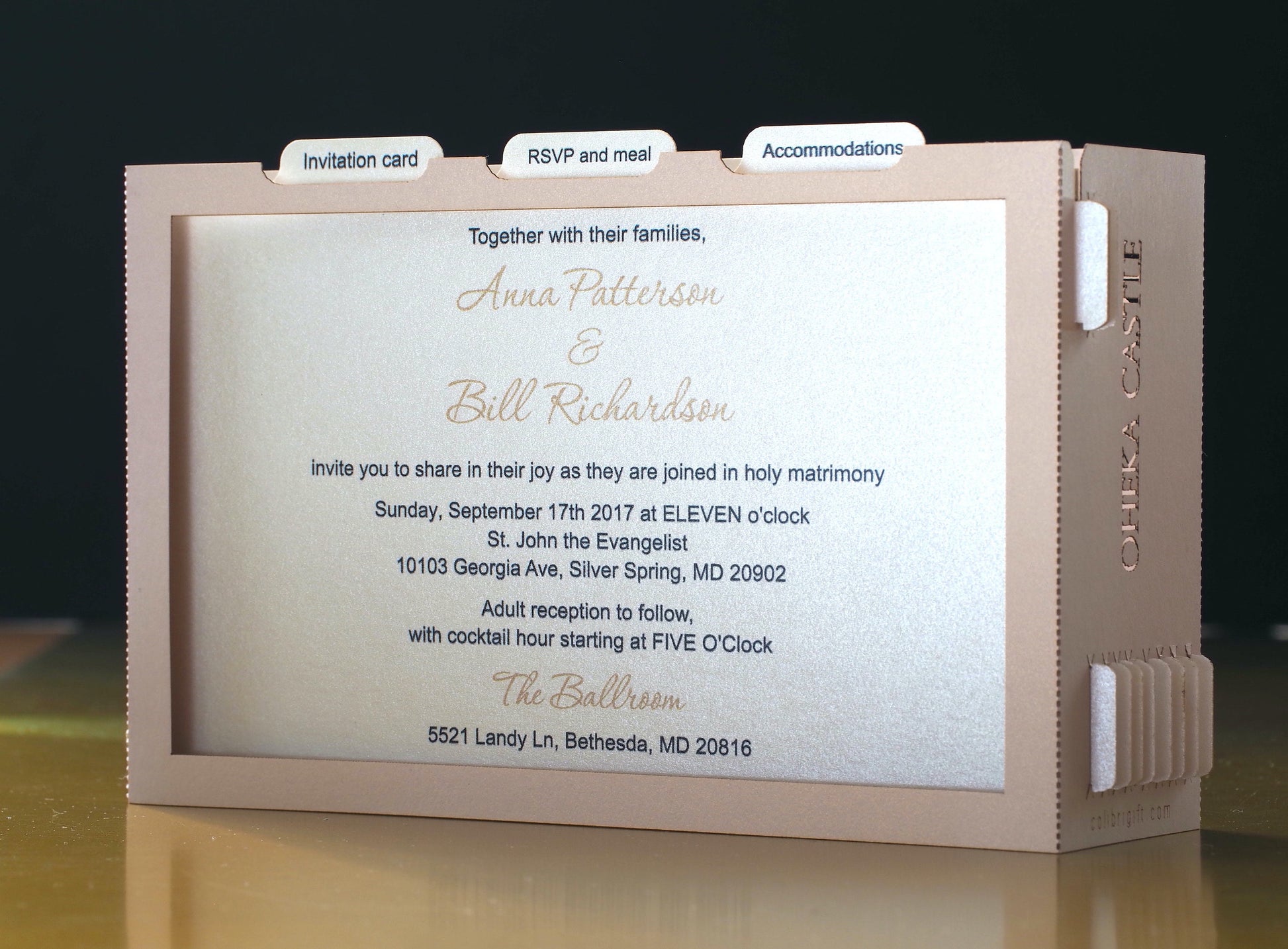 Oheka Castle wedding invitations. Marriage venue. USA weddings. Pop up paper miniature Palace. Laser cut 3d box with RSVP. Huntington, NY