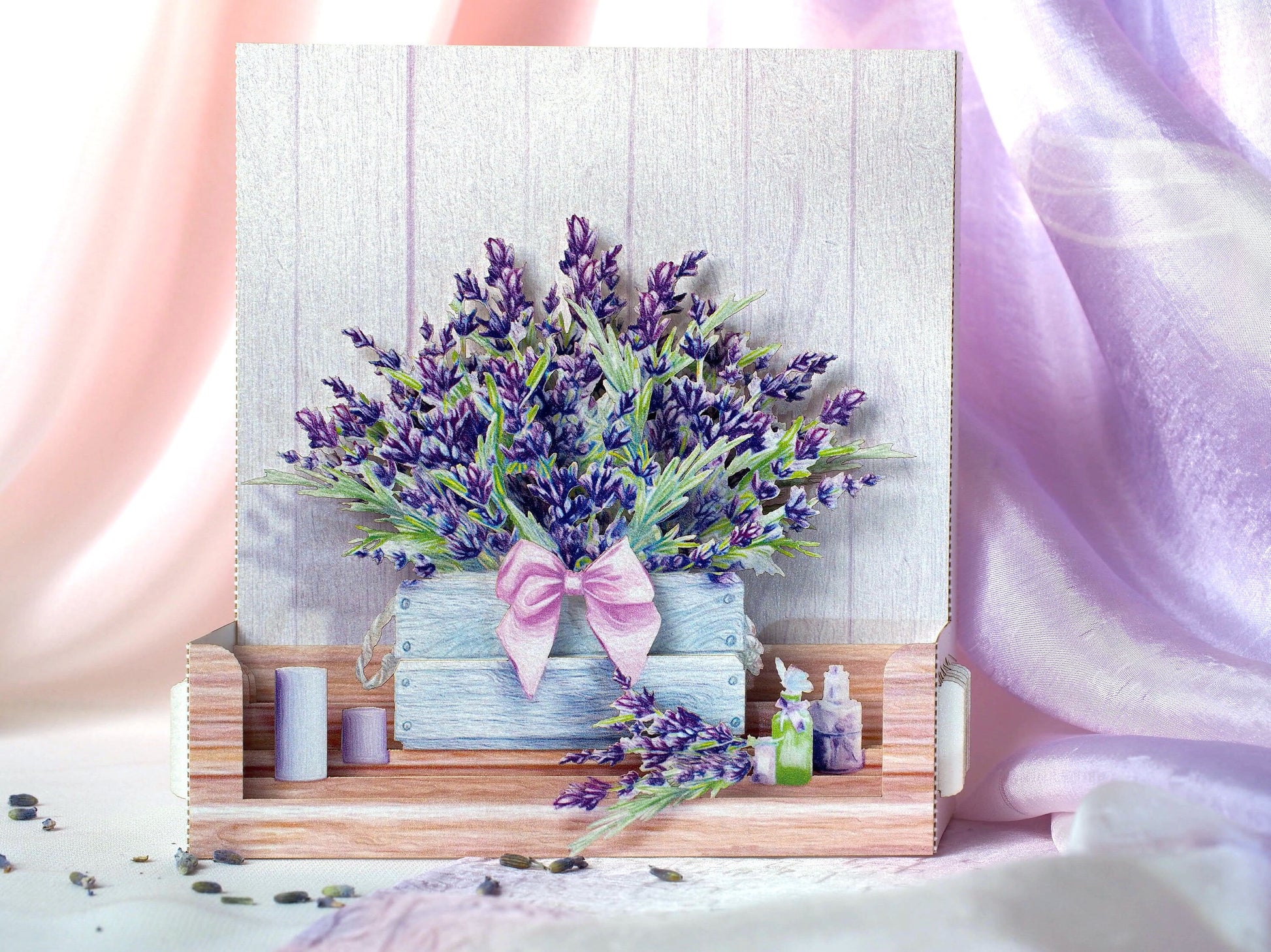 Lavender bouquet pop up card. Birthday, I love you card. Miss you. Mother's Day greeting. Paper 3d miniature flowers. Provence Gift For her