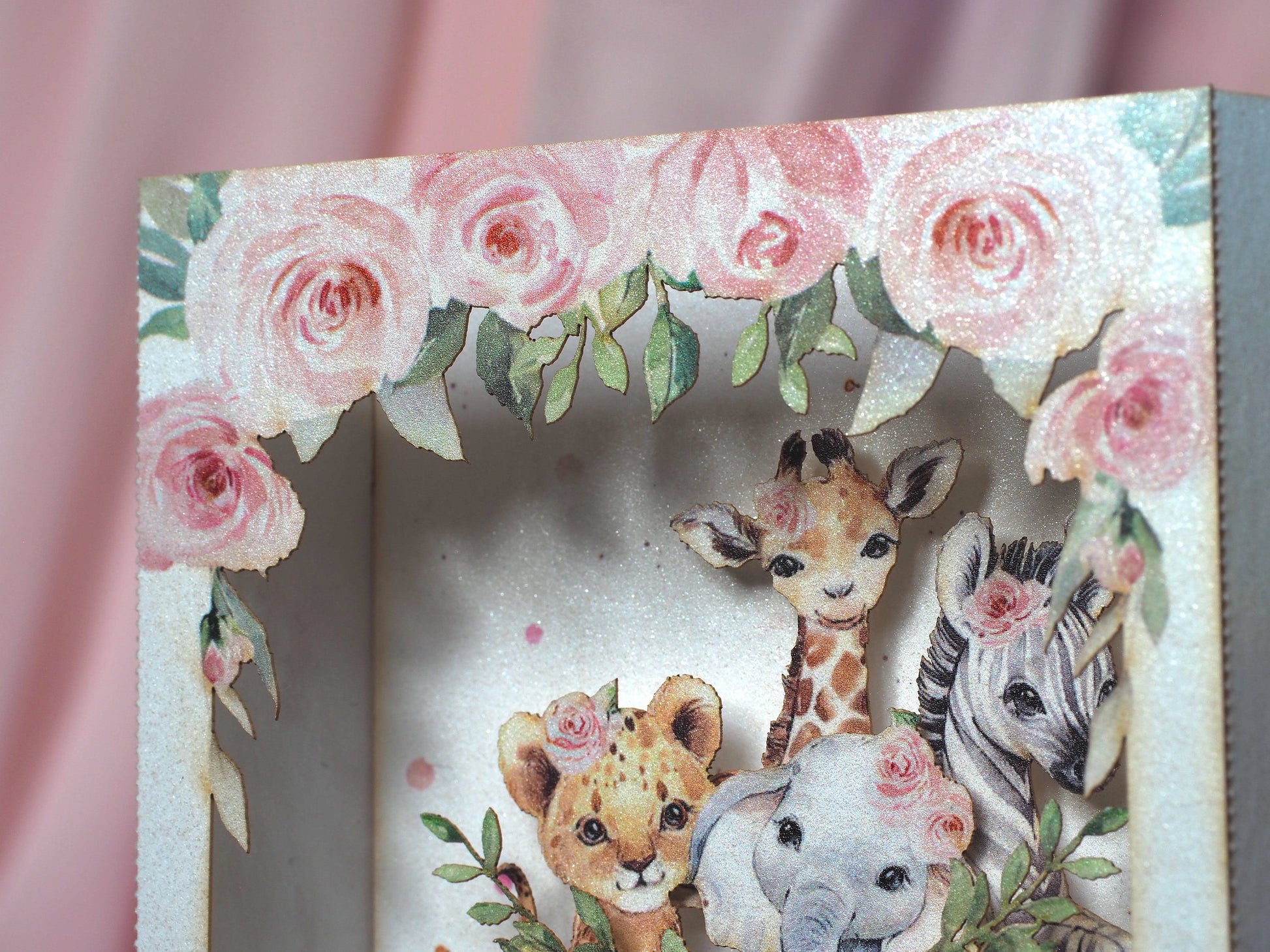 Baby shower pop up paper invitation. 3d box folded invite with custom text. Animals and flowers. Party decor, stationery. Kids, girls, pink