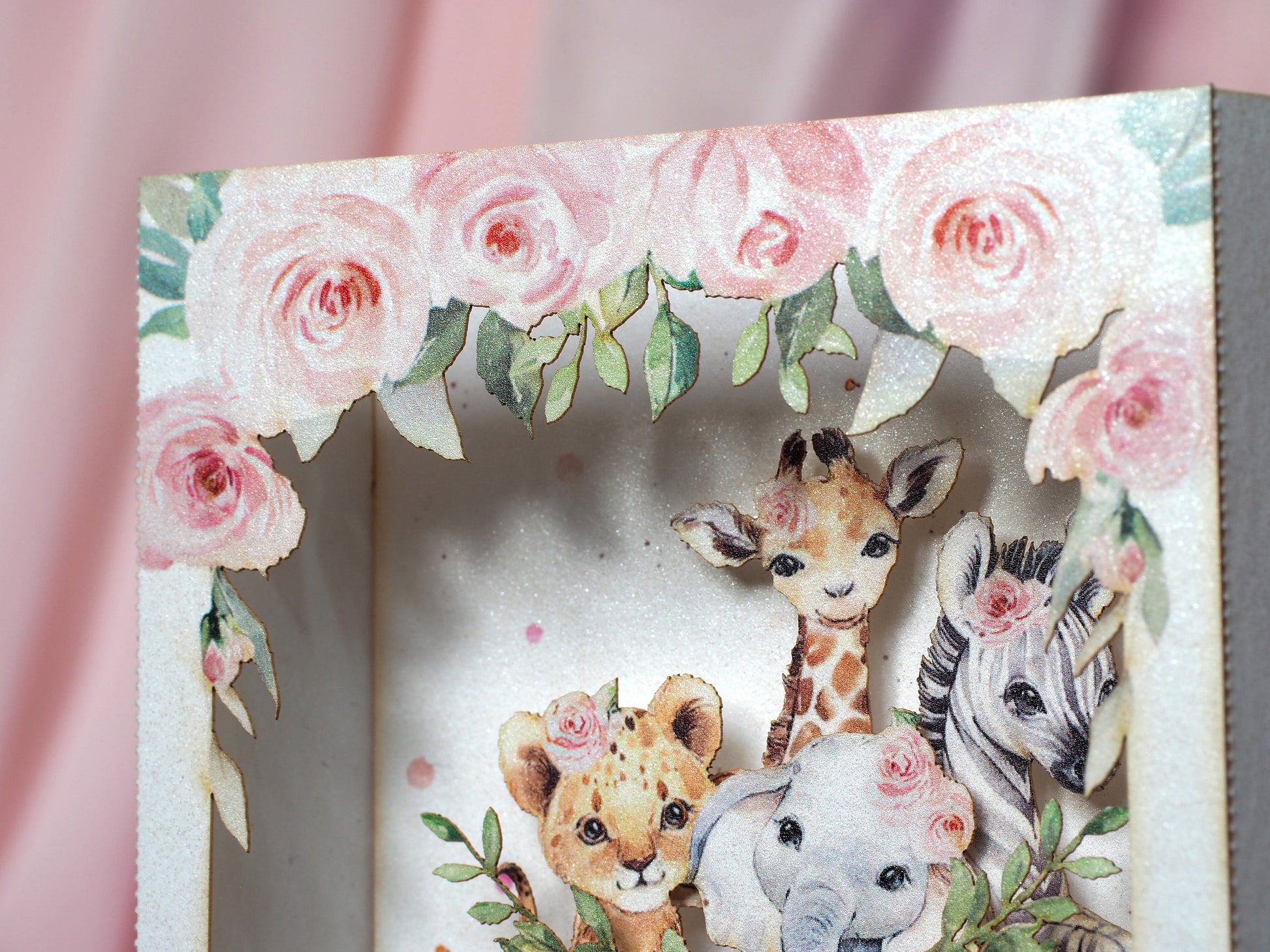 Baby shower pop up paper invitation. 3d box folded invite with custom text. Animals and flowers. Party decor, stationery. Kids, girls, pink
