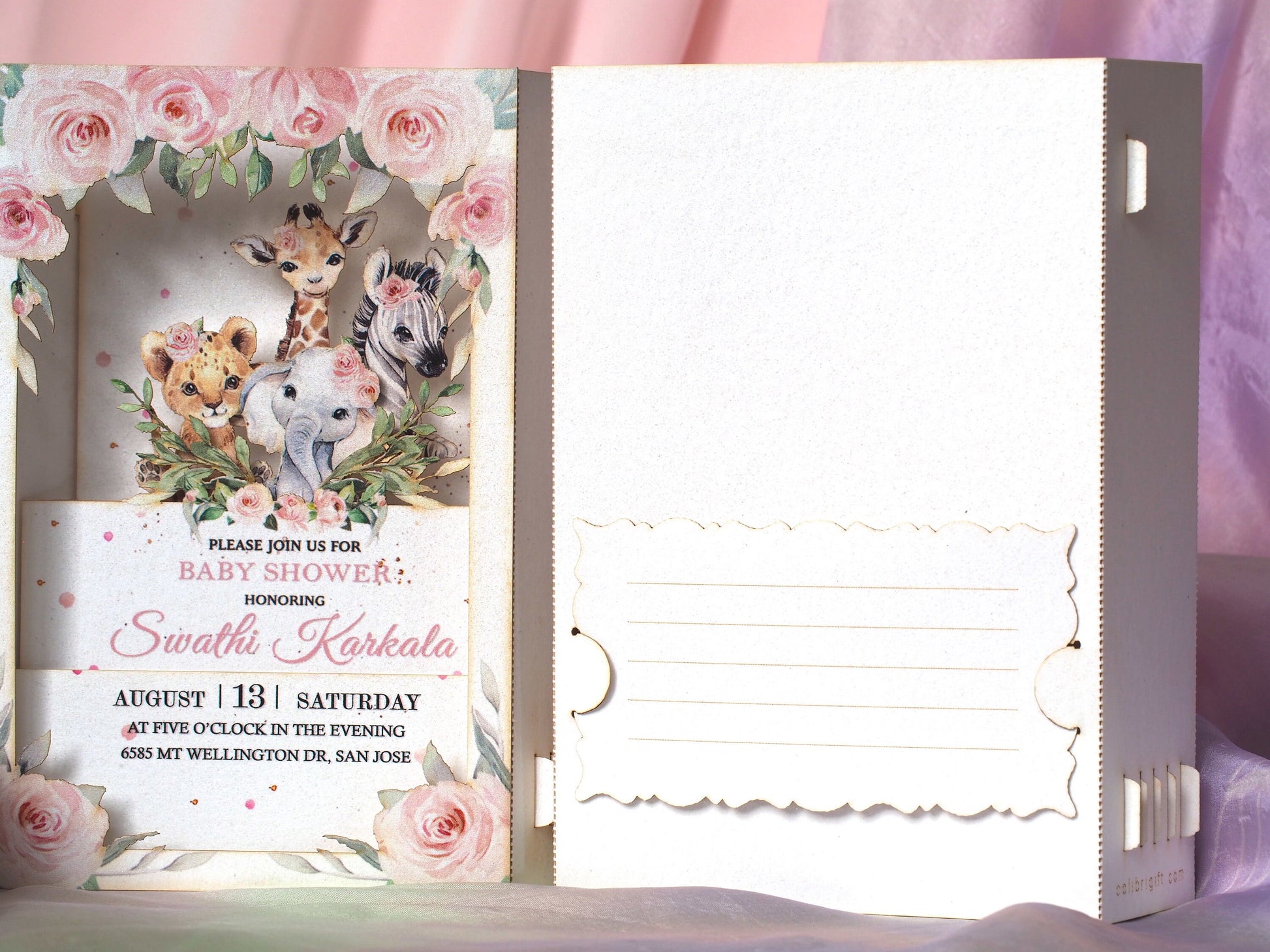 Baby shower pop up paper invitation. 3d box folded invite with custom text. Animals and flowers. Party decor, stationery. Kids, girls, pink
