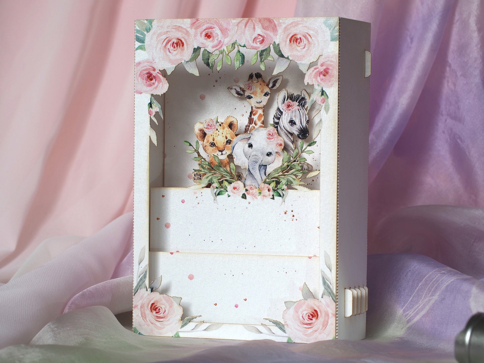Baby shower pop up paper invitation. 3d box folded invite with custom text. Animals and flowers. Party decor, stationery. Kids, girls, pink