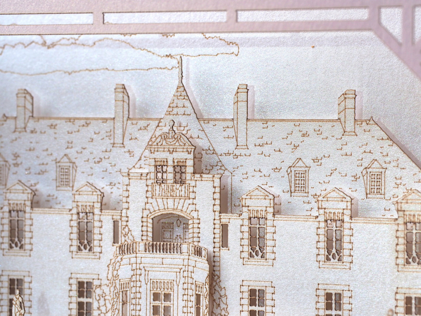 Oheka Castle wedding invitations. Marriage venue. USA weddings. Pop up paper miniature Palace. Laser cut 3d box with RSVP. Huntington, NY