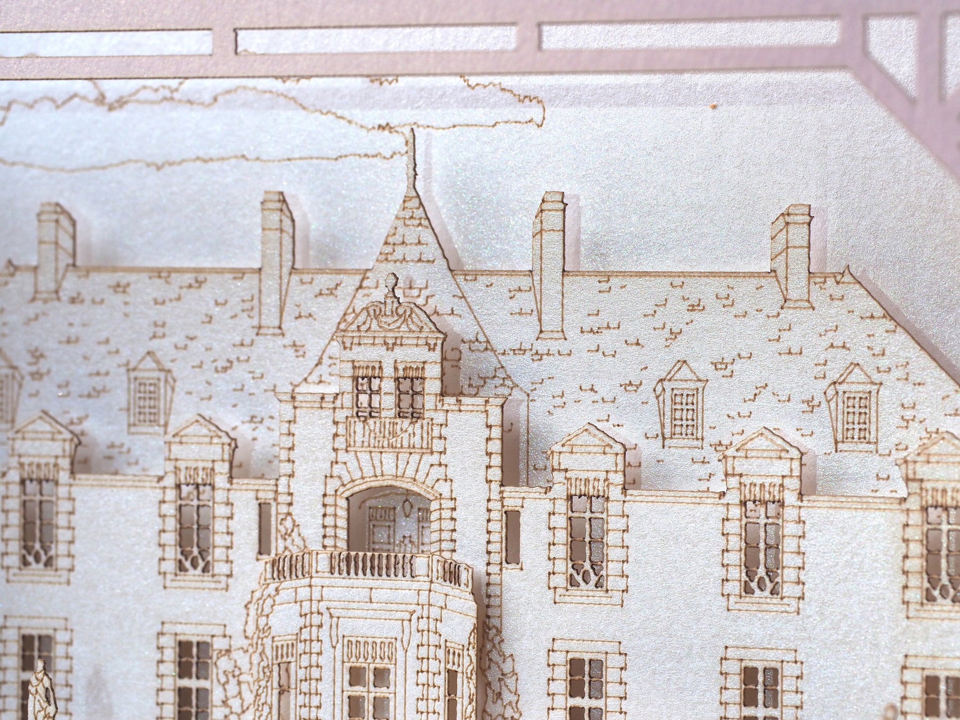 Oheka Castle wedding invitations. Marriage venue. USA weddings. Pop up paper miniature Palace. Laser cut 3d box with RSVP. Huntington, NY