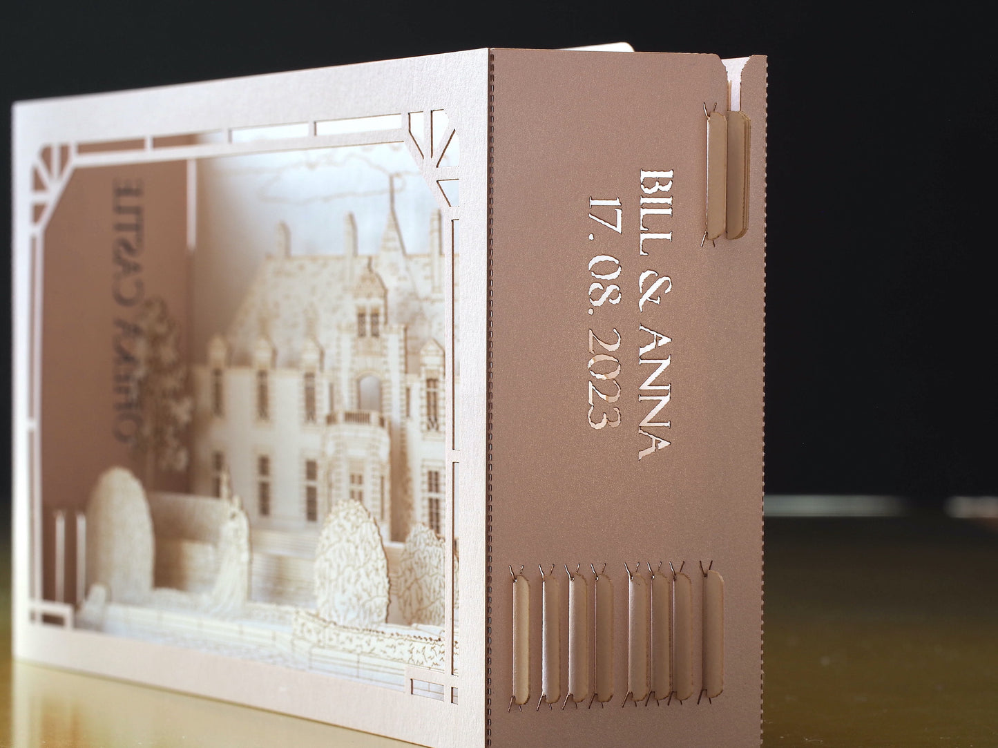 Oheka Castle wedding invitations. Marriage venue. USA weddings. Pop up paper miniature Palace. Laser cut 3d box with RSVP. Huntington, NY