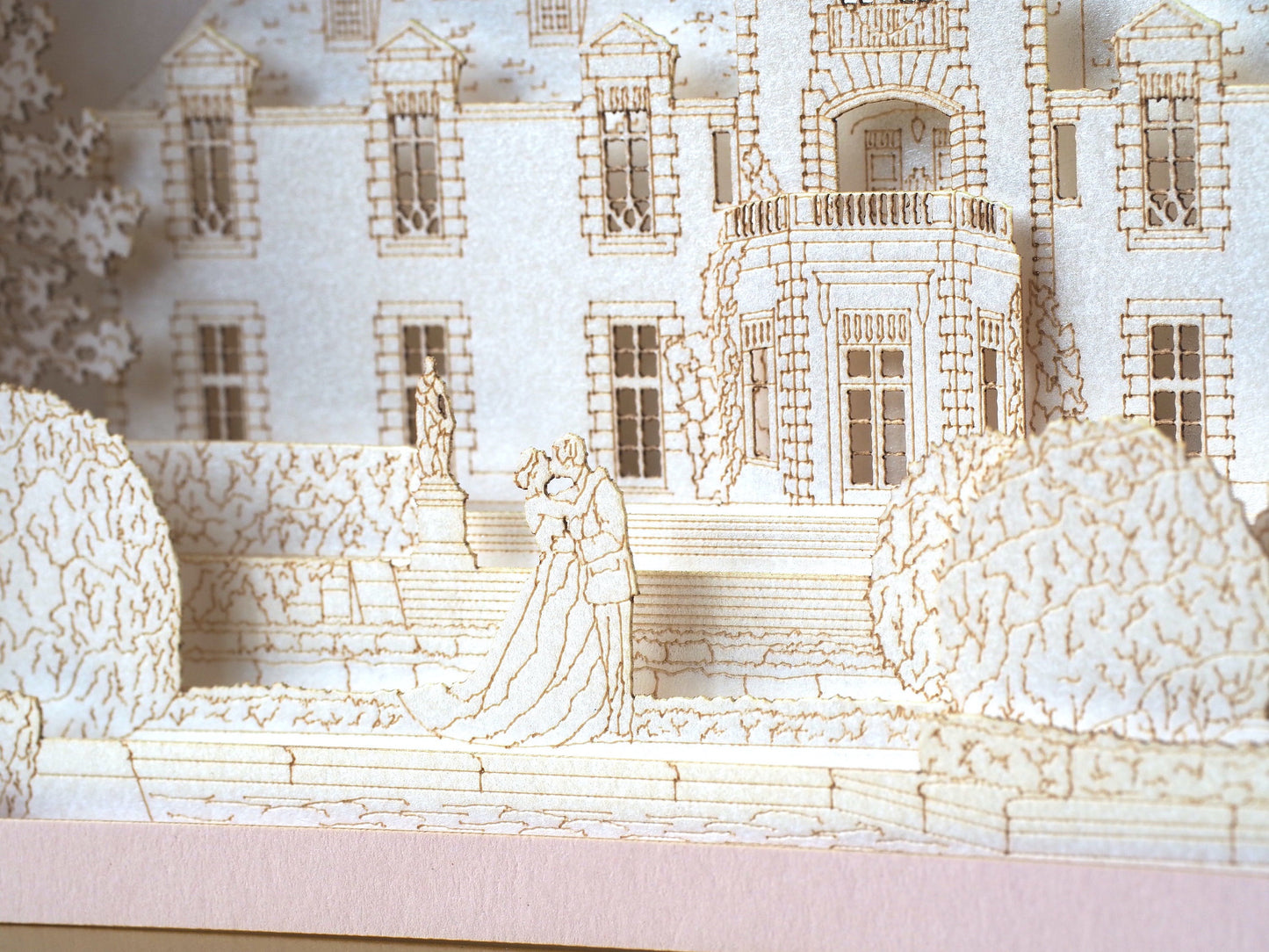 Oheka Castle wedding invitations. Marriage venue. USA weddings. Pop up paper miniature Palace. Laser cut 3d box with RSVP. Huntington, NY