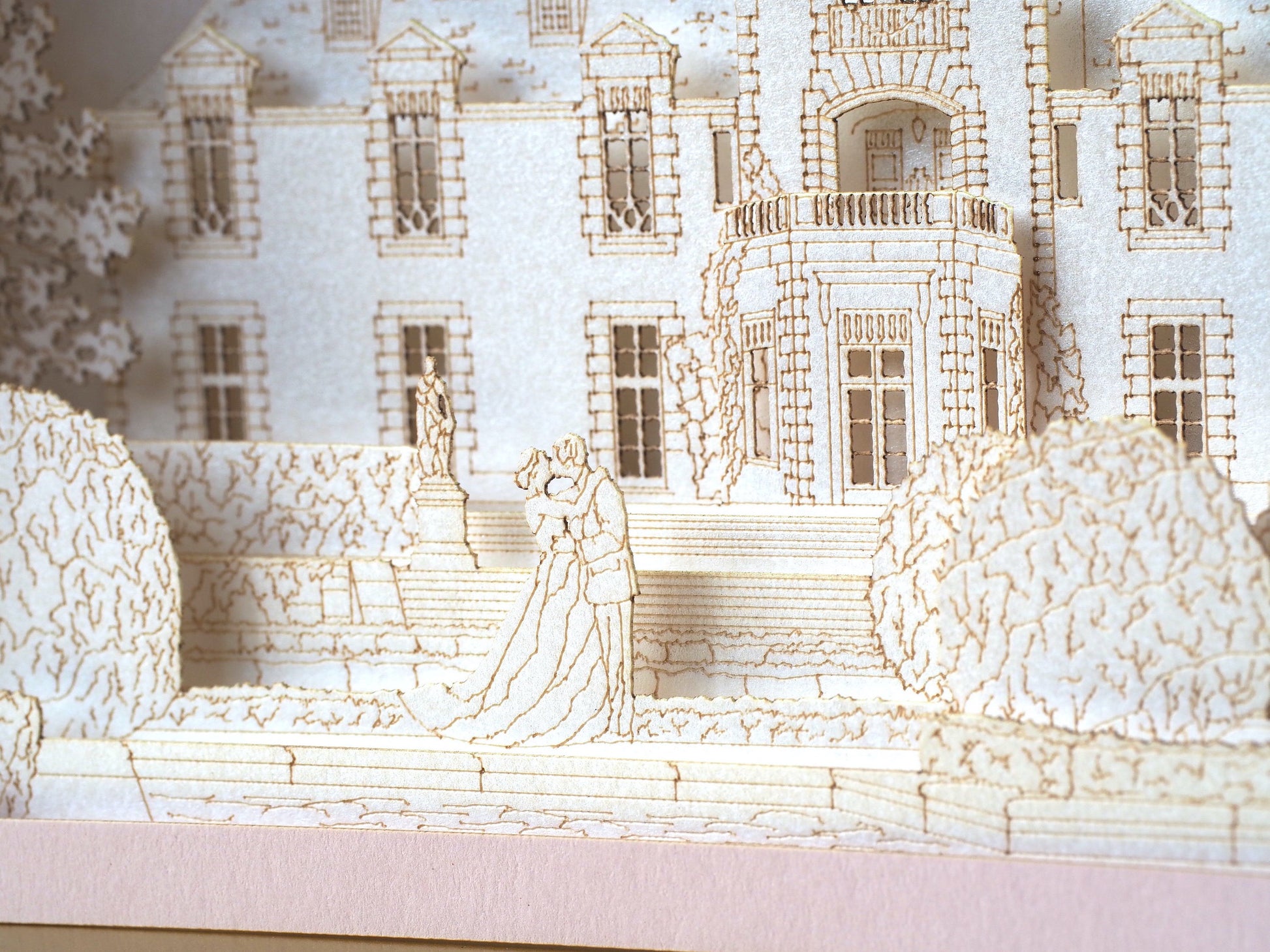 Oheka Castle wedding invitations. Marriage venue. USA weddings. Pop up paper miniature Palace. Laser cut 3d box with RSVP. Huntington, NY