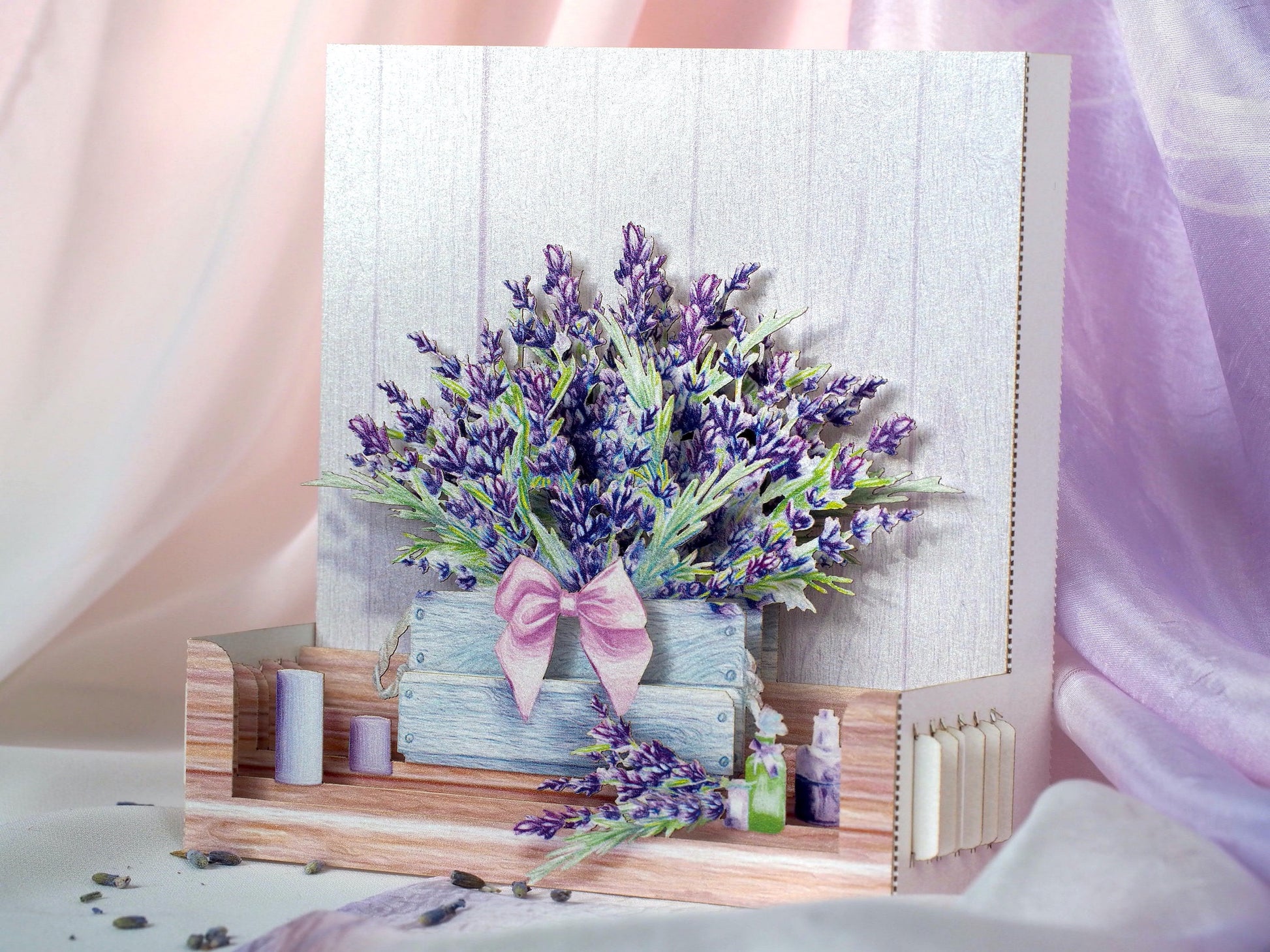 Lavender bouquet pop up card. Birthday, I love you card. Miss you. Mother's Day greeting. Paper 3d miniature flowers. Provence Gift For her