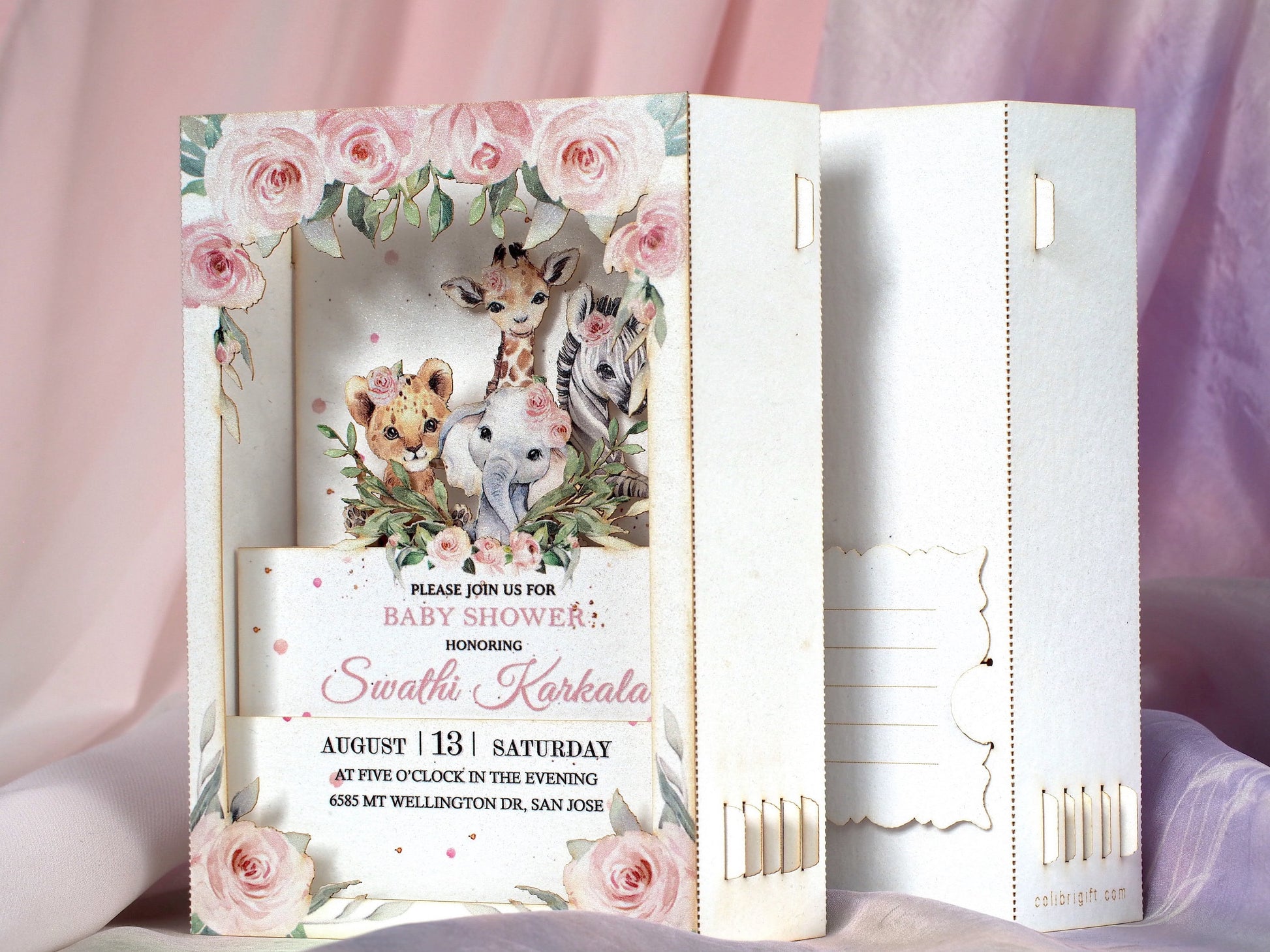 Baby shower pop up paper invitation. 3d box folded invite with custom text. Animals and flowers. Party decor, stationery. Kids, girls, pink